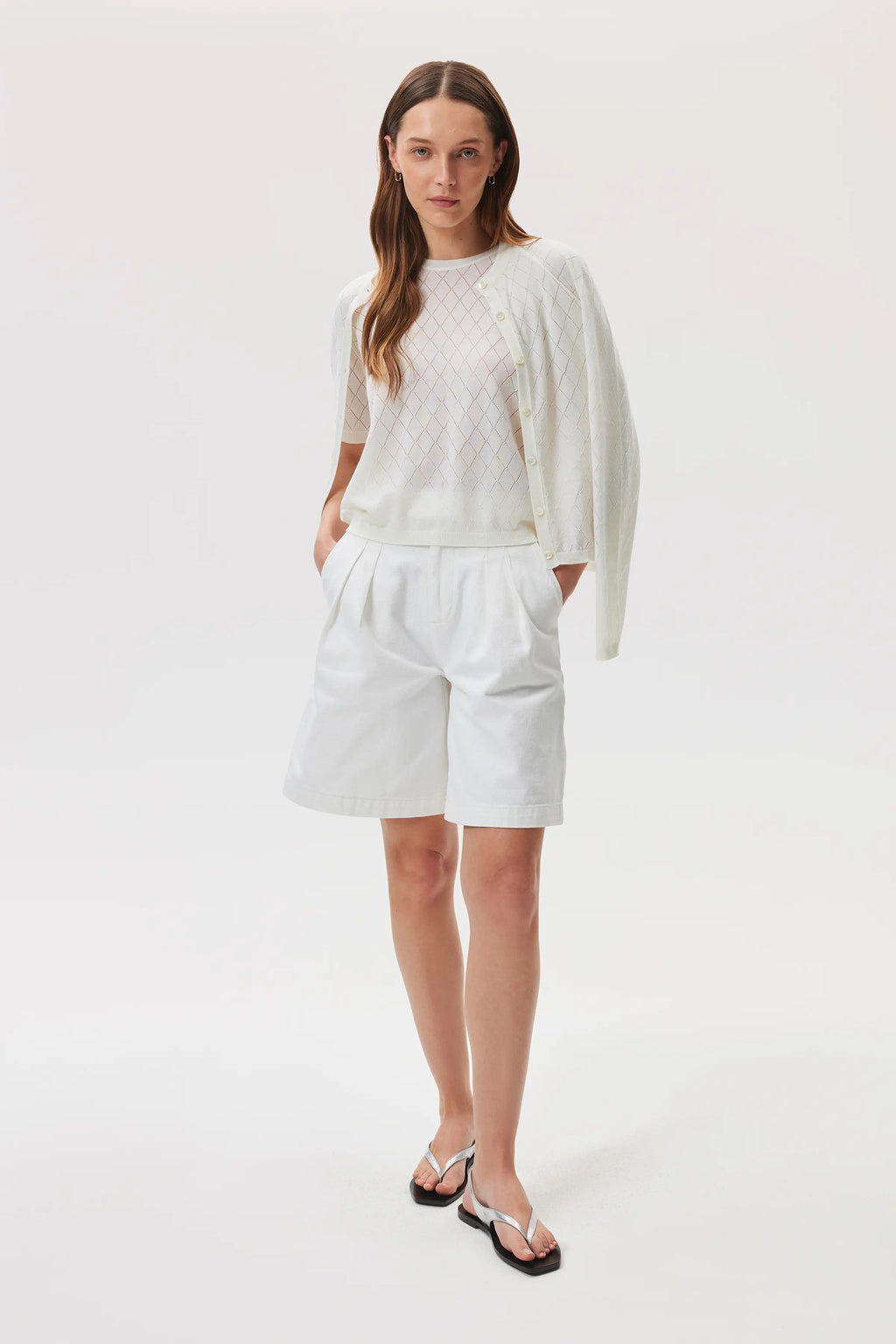 Johnstons of Elgin - Superfine Merino Pointelle Argyle White Cardigan