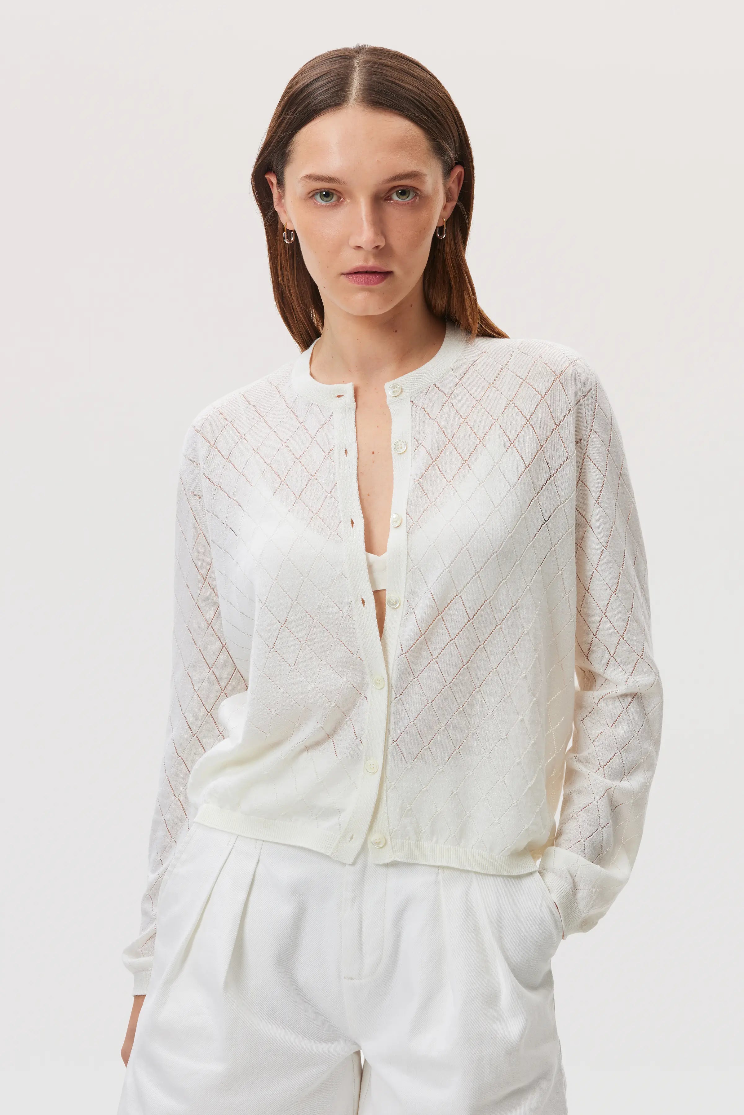 Johnstons of Elgin - Superfine Merino Pointelle Argyle White Cardigan