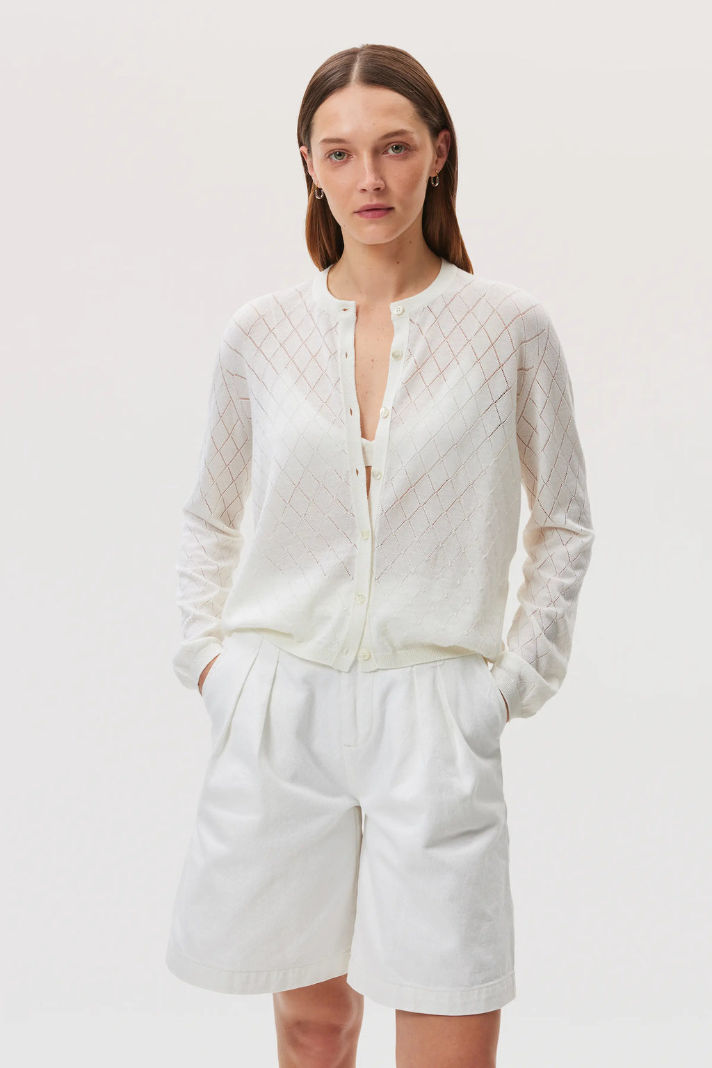 Johnstons of Elgin - Superfine Merino Pointelle Argyle White Cardigan