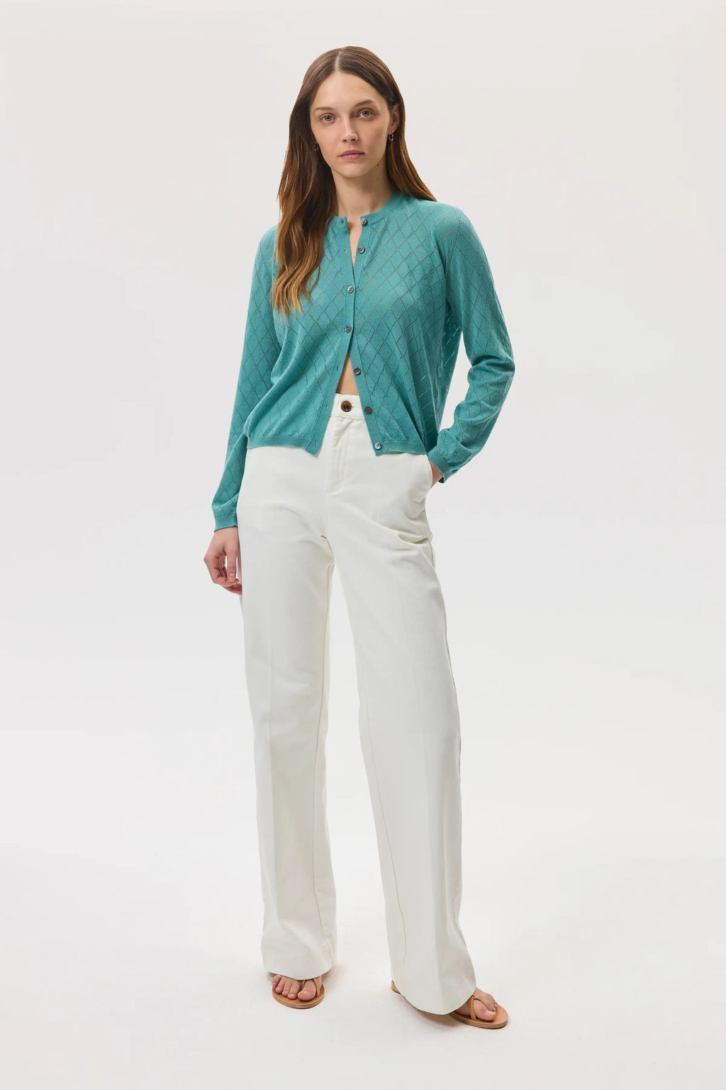 Johnstons of Elgin - Superfine Merino Pointelle Argyle Green Cardigan