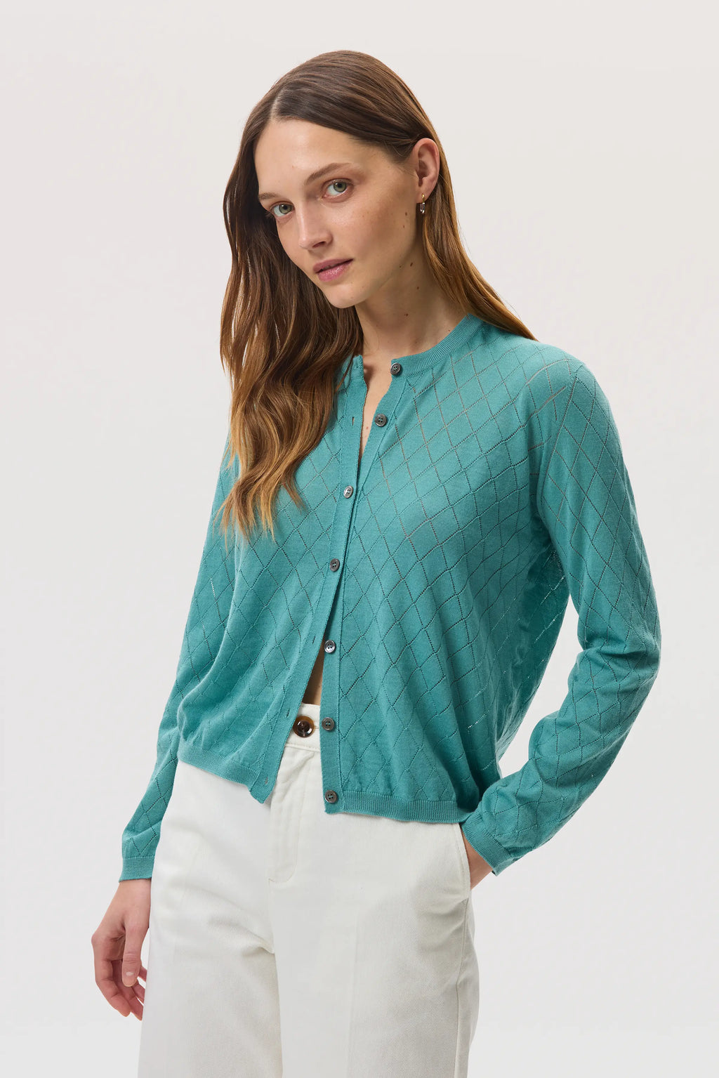 Johnstons of Elgin - Superfine Merino Pointelle Argyle Green Cardigan