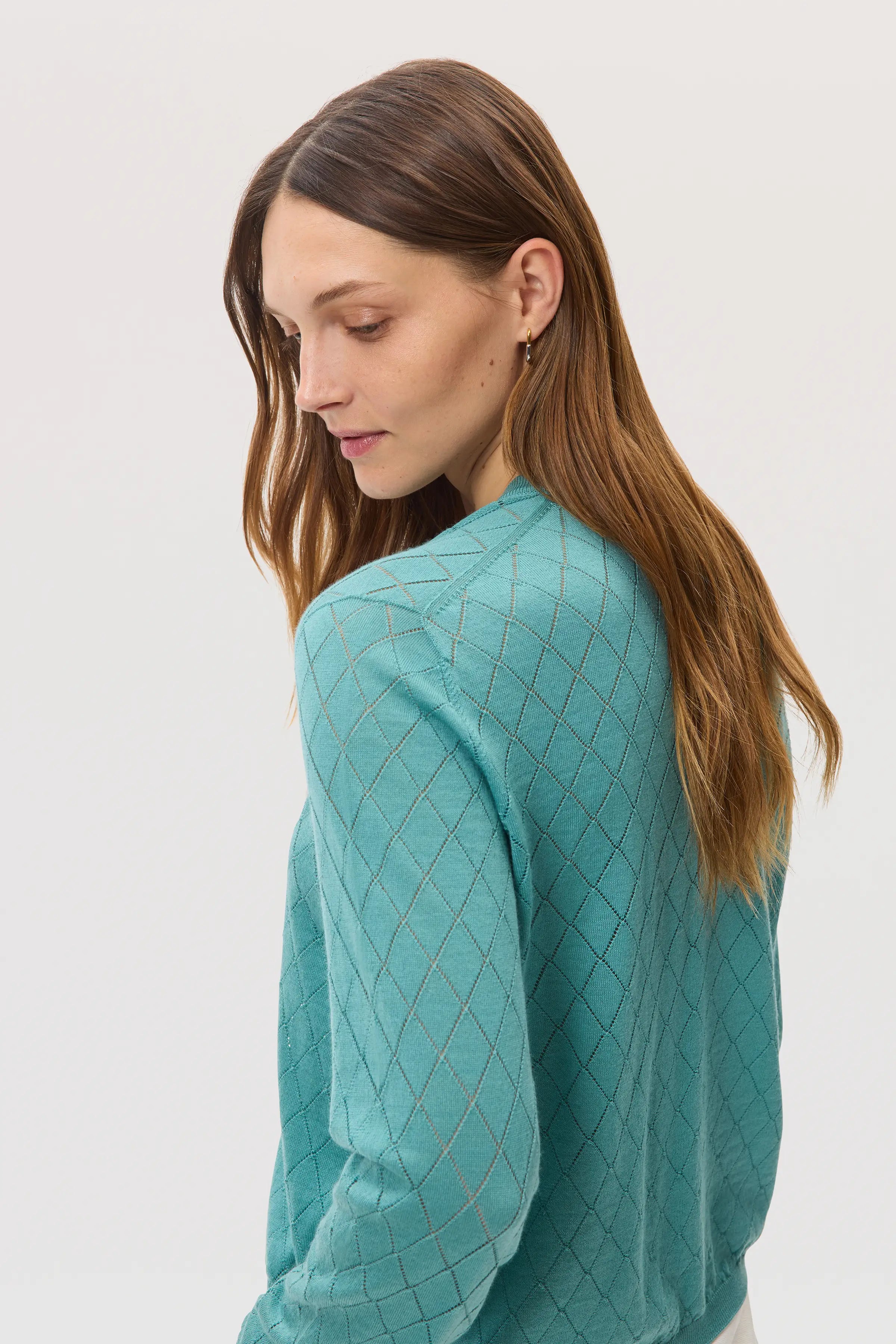Johnstons of Elgin - Superfine Merino Pointelle Argyle Green Cardigan