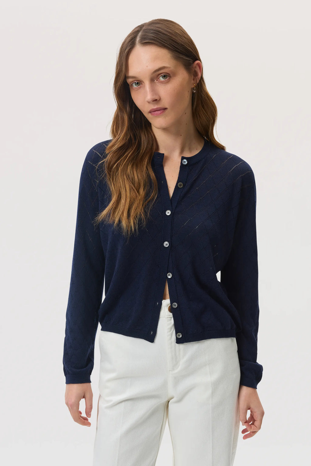 Johnstons of Elgin - Superfine Merino Dark Navy Pointelle Argyle Cardigan