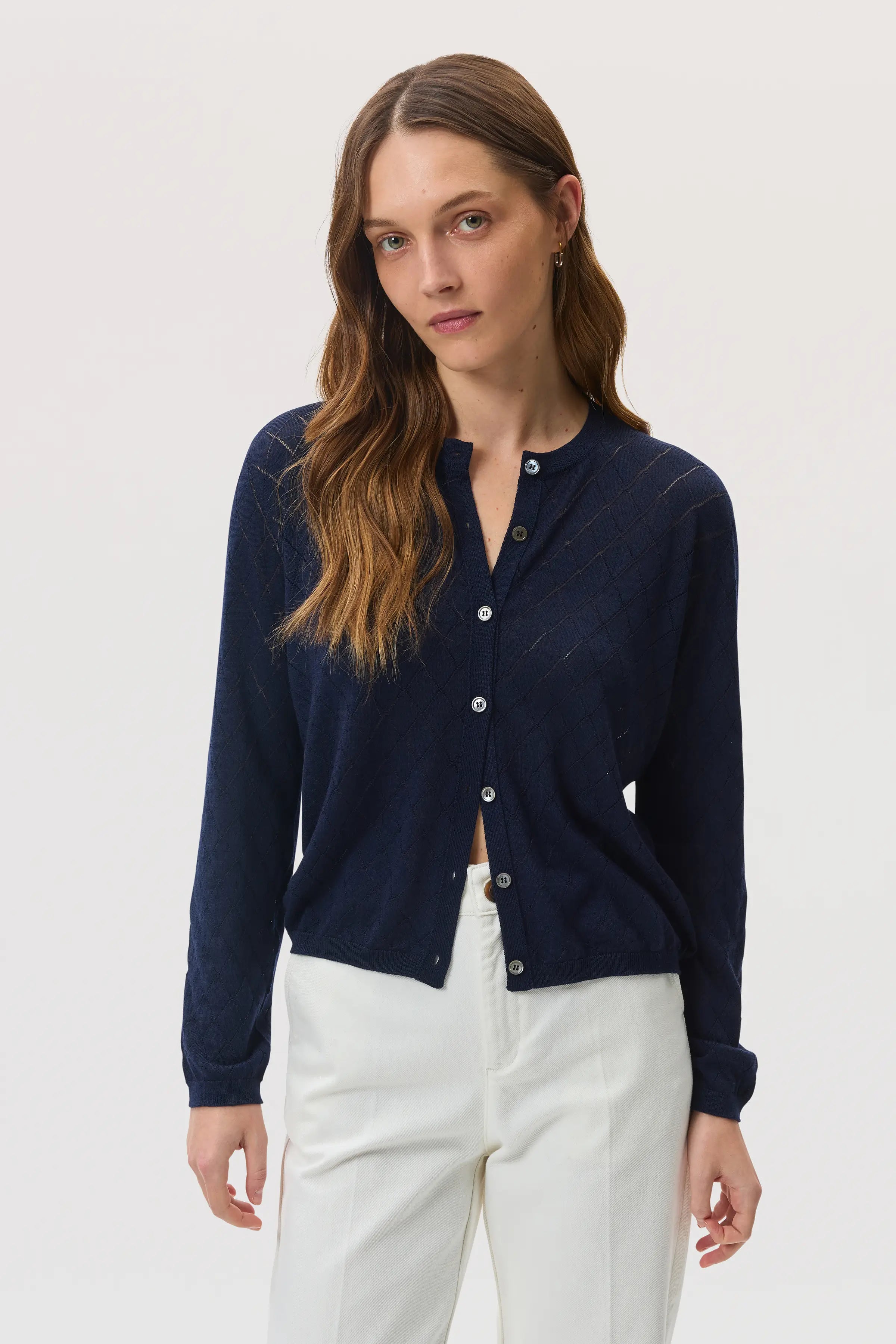 Johnstons of Elgin - Superfine Merino Dark Navy Pointelle Argyle Cardigan