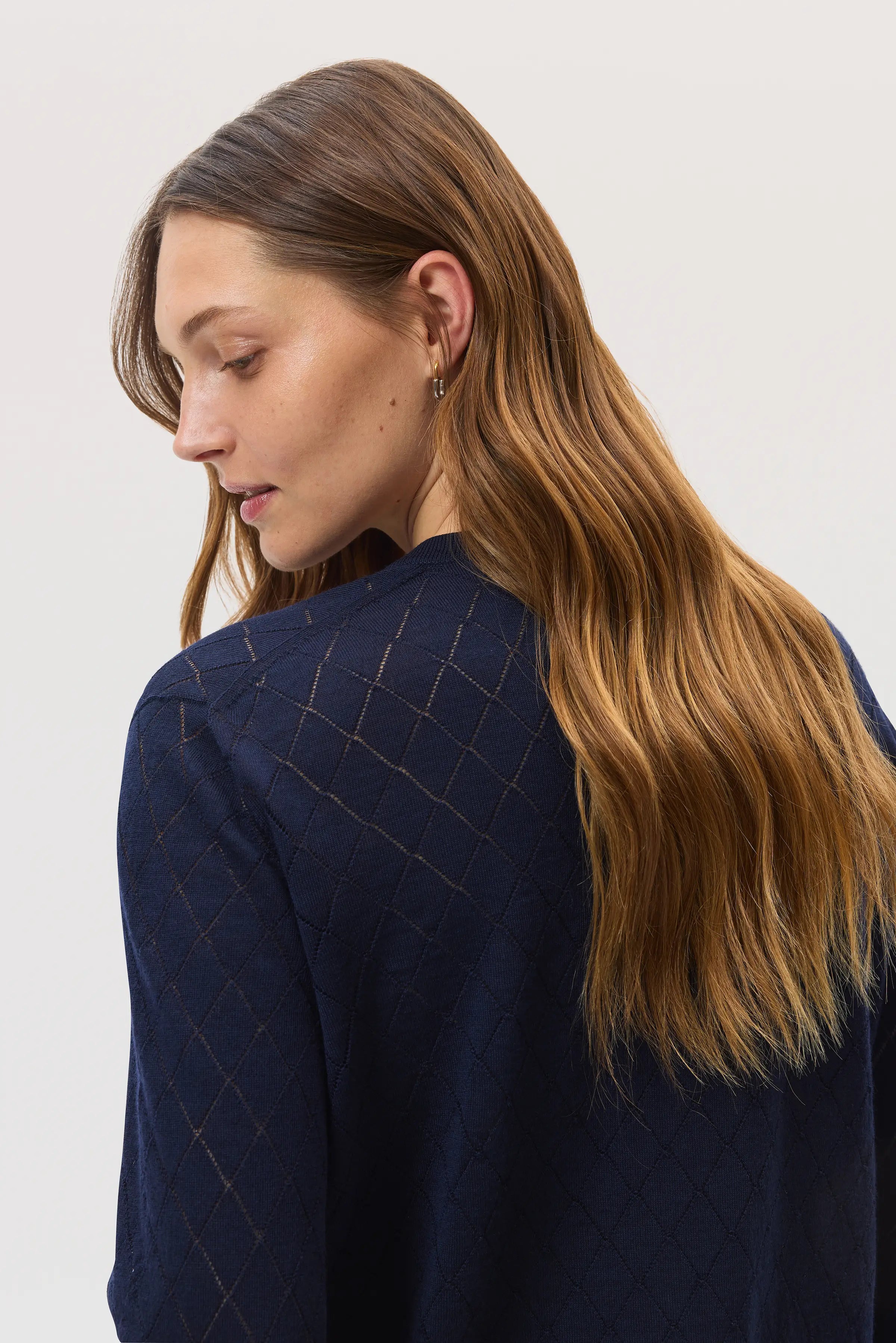 Johnstons of Elgin - Superfine Merino Dark Navy Pointelle Argyle Cardigan