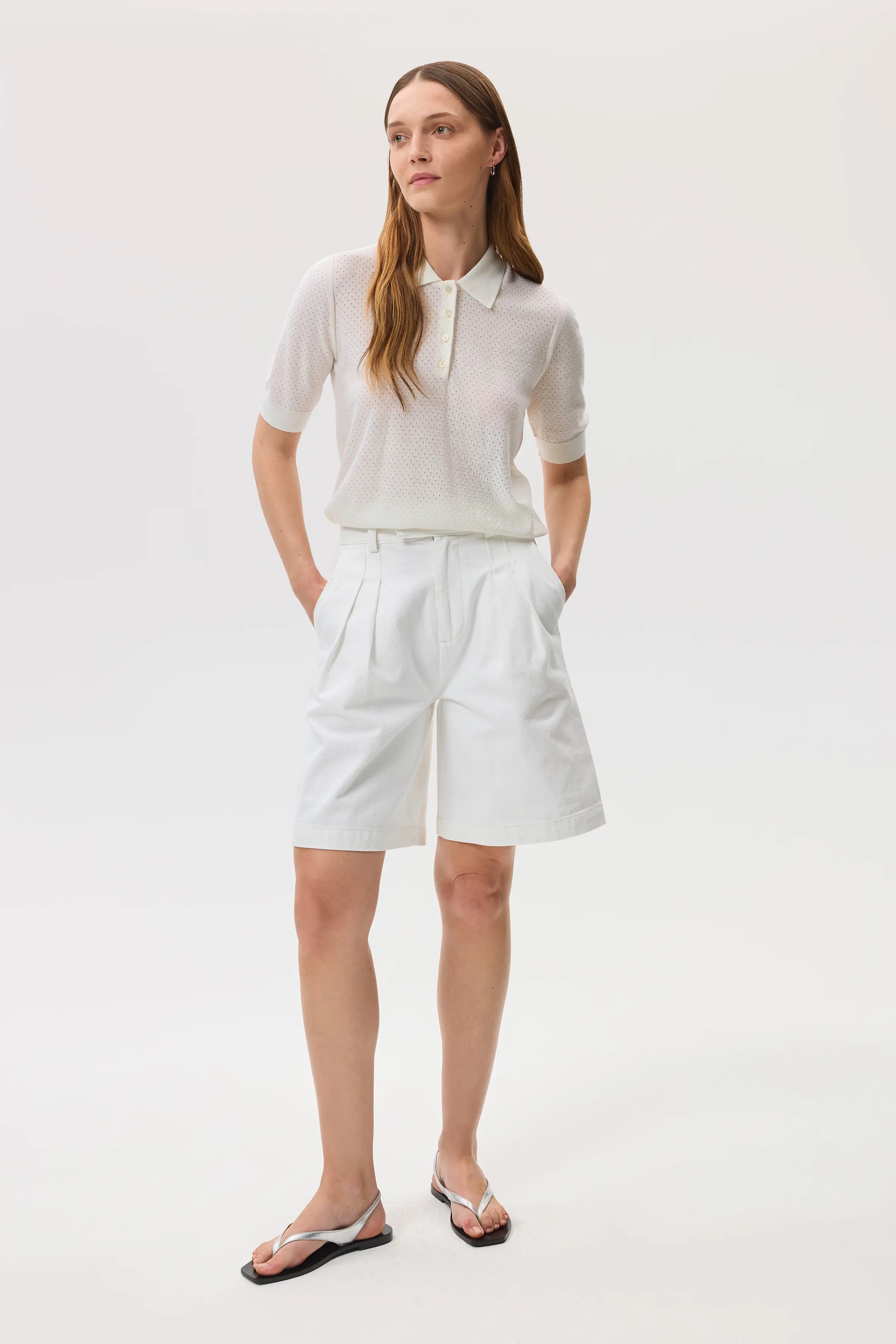 Johnstons of Elgin - Superfine Merino Pointelle Argyle White Polo Shirt