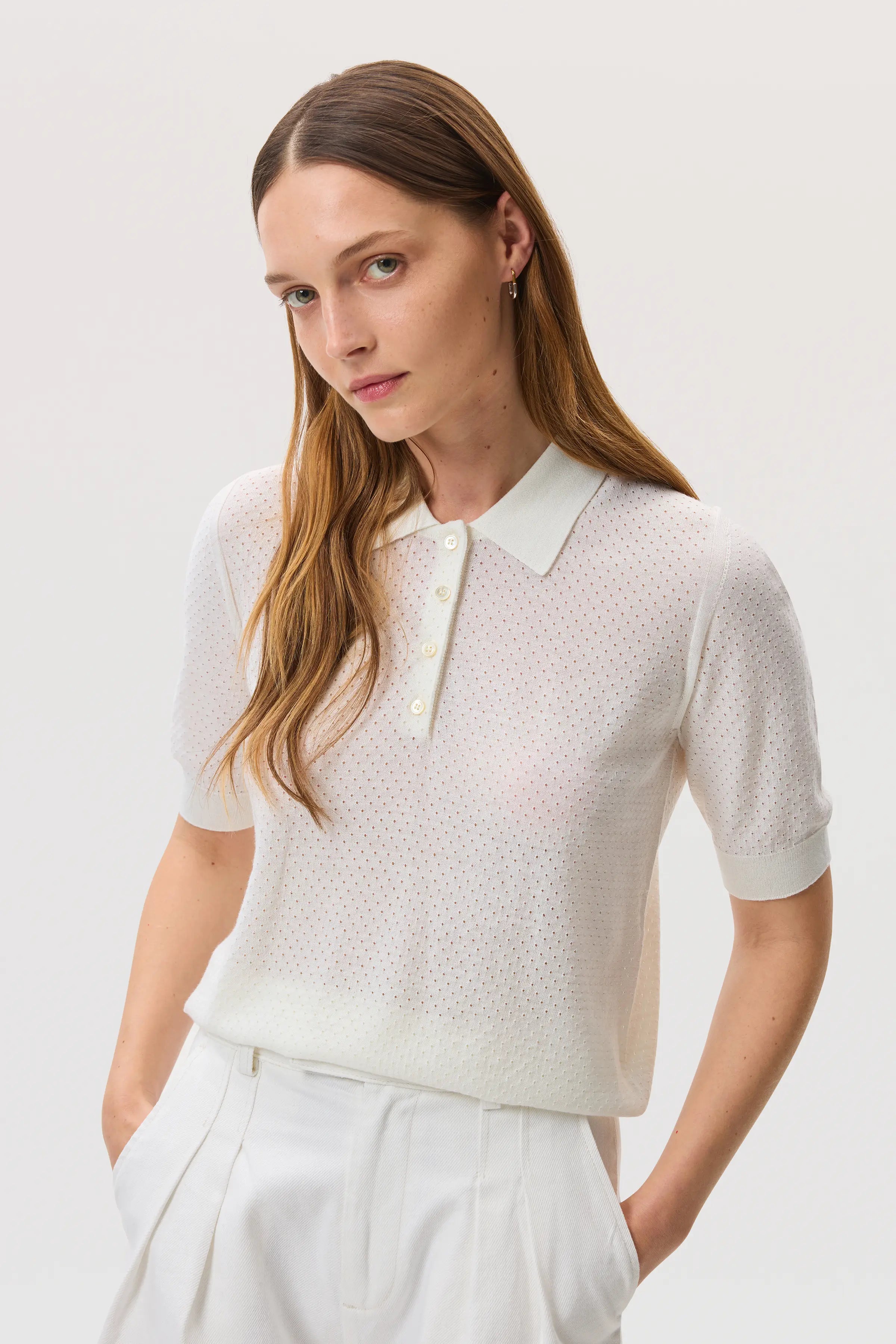Johnstons of Elgin - Superfine Merino Pointelle Argyle White Polo Shirt