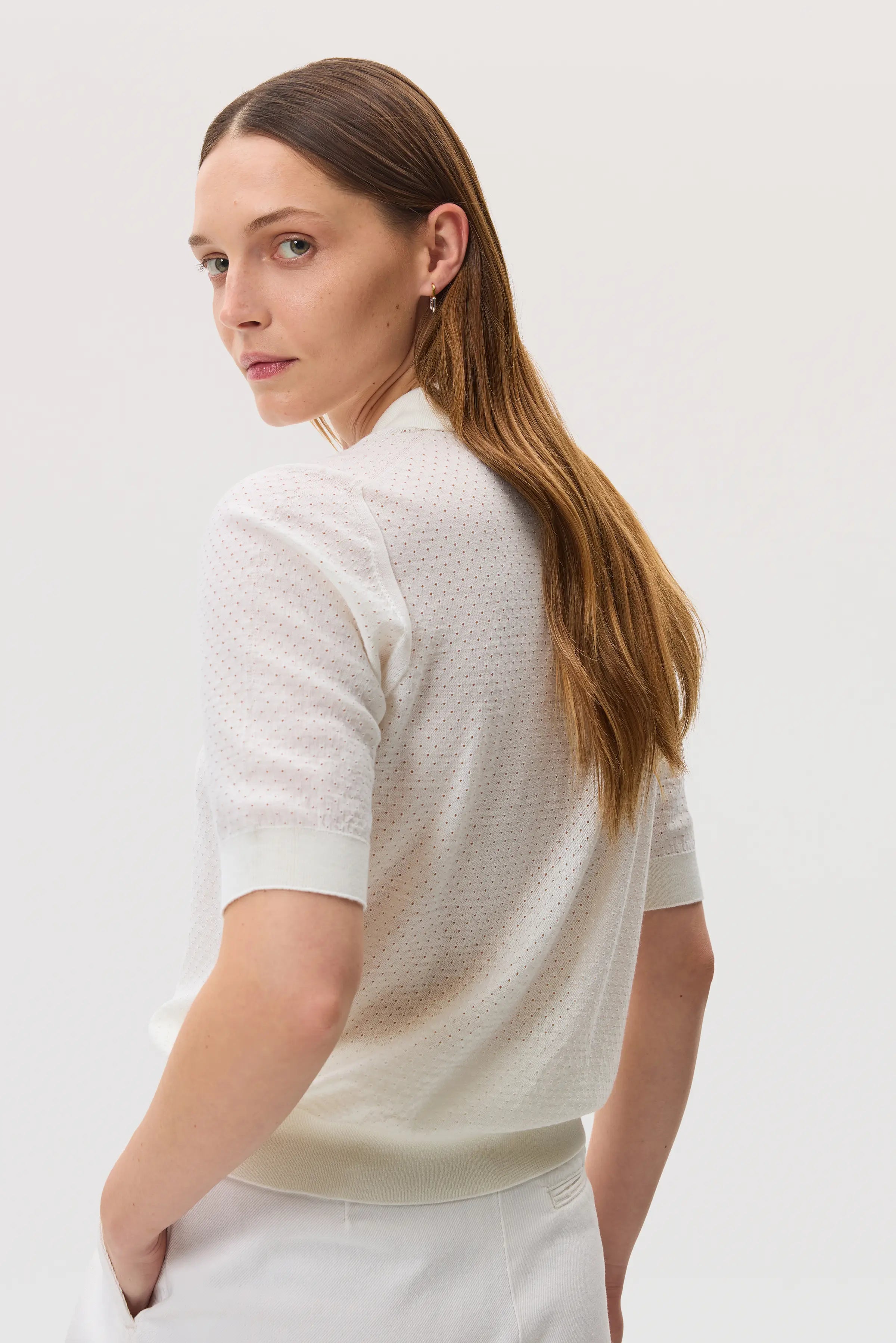 Johnstons of Elgin - Superfine Merino Pointelle Argyle White Polo Shirt