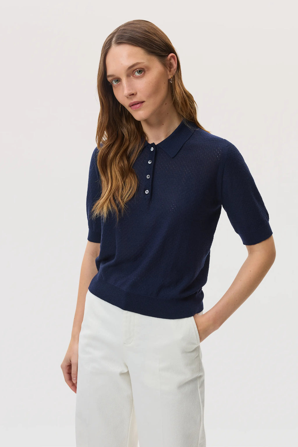 Johnstons of Elgin - Superfine Merino Dark Navy Pointelle Argyle Polo Shirt