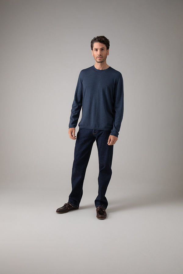 Johnstons of Elgin - Relax Fit Merino Long Sleeve Blue T - shirt
