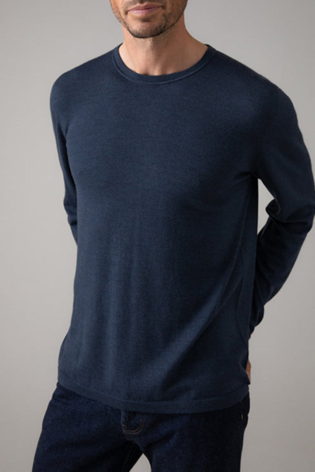 Johnstons of Elgin - Relax Fit Merino Long Sleeve Blue T - shirt