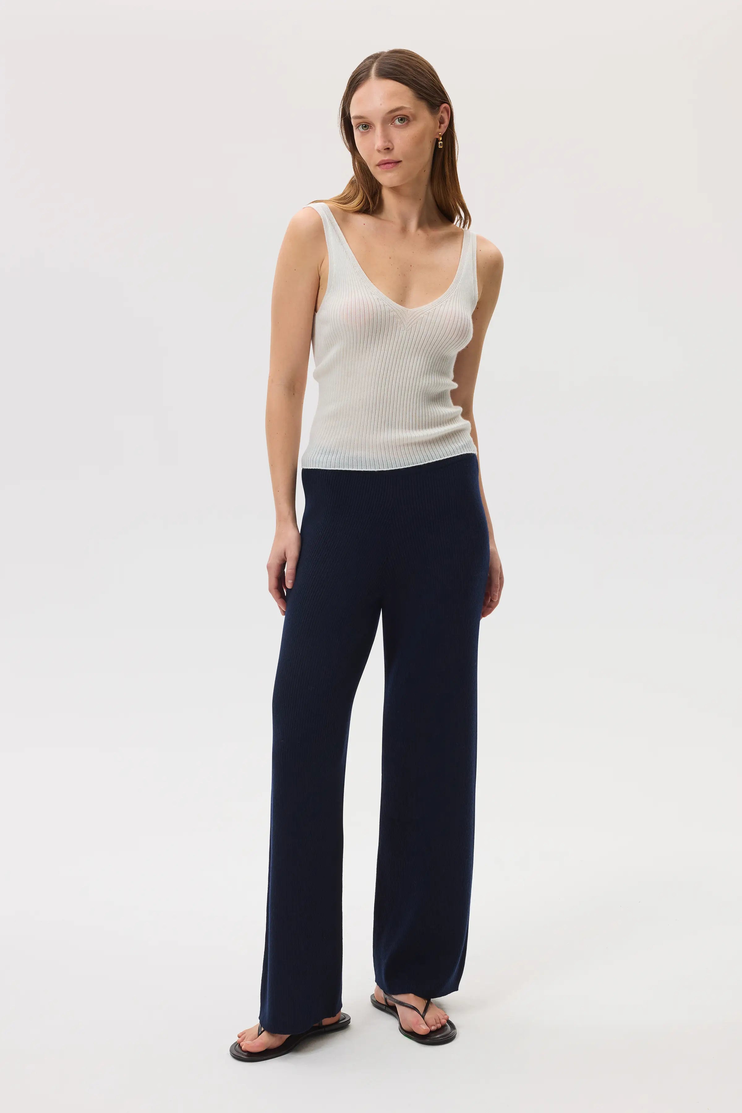 Johnstons of Elgin - Ribbed Merino Dark Navy Wide Leg Trousers