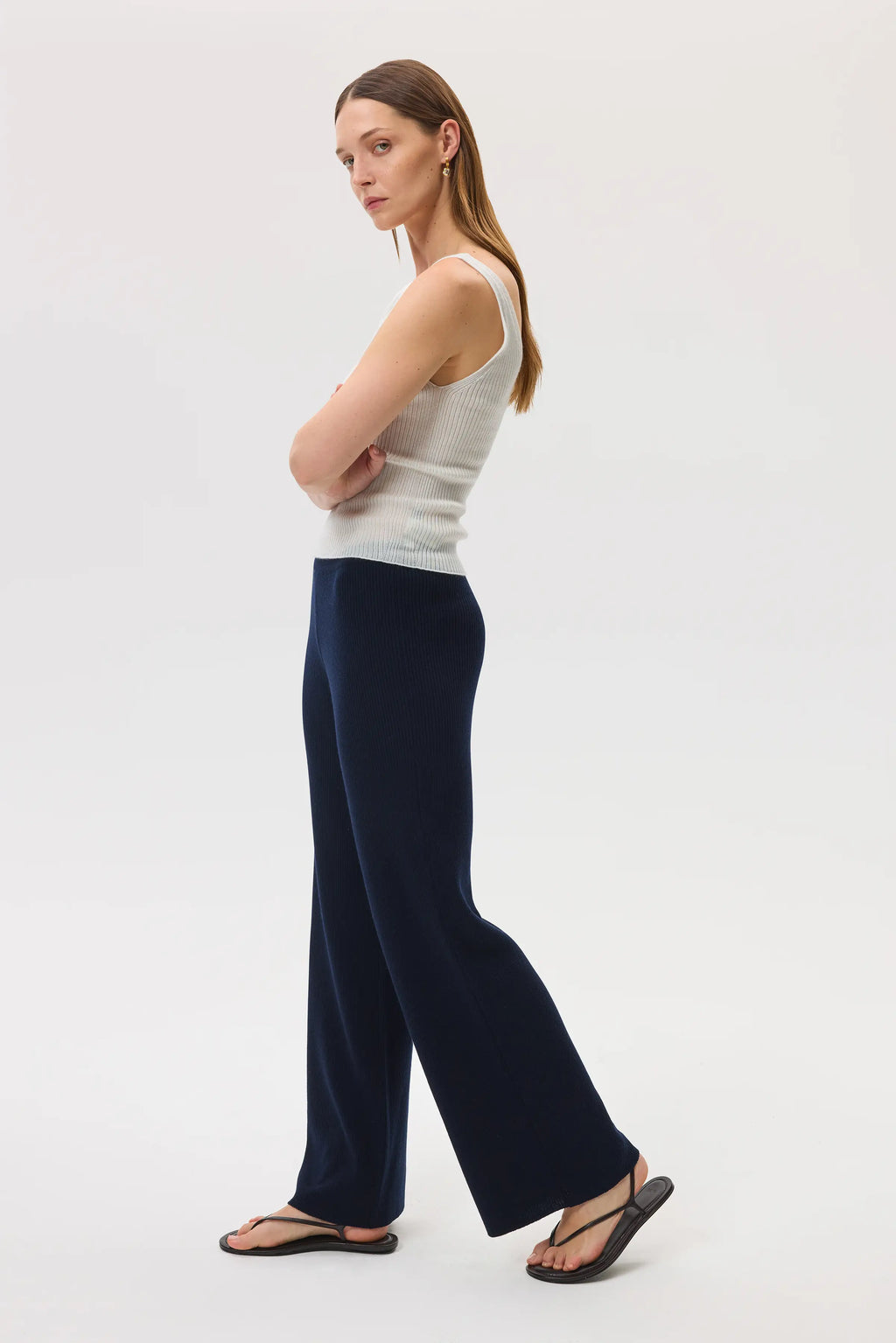 Johnstons of Elgin - Ribbed Merino Dark Navy Wide Leg Trousers