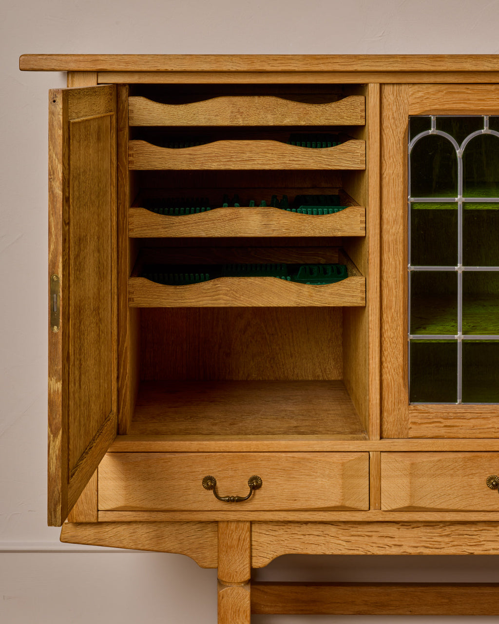 Lostine - Danish Oak Highboard with Green Glass