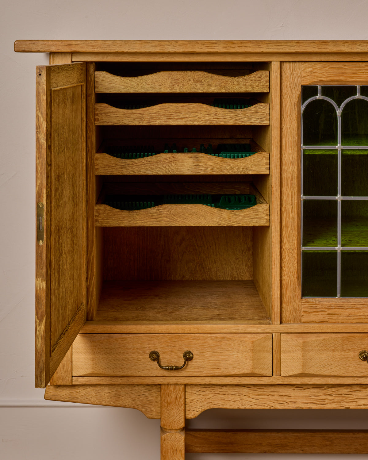Lostine - Danish Oak Highboard with Green Glass