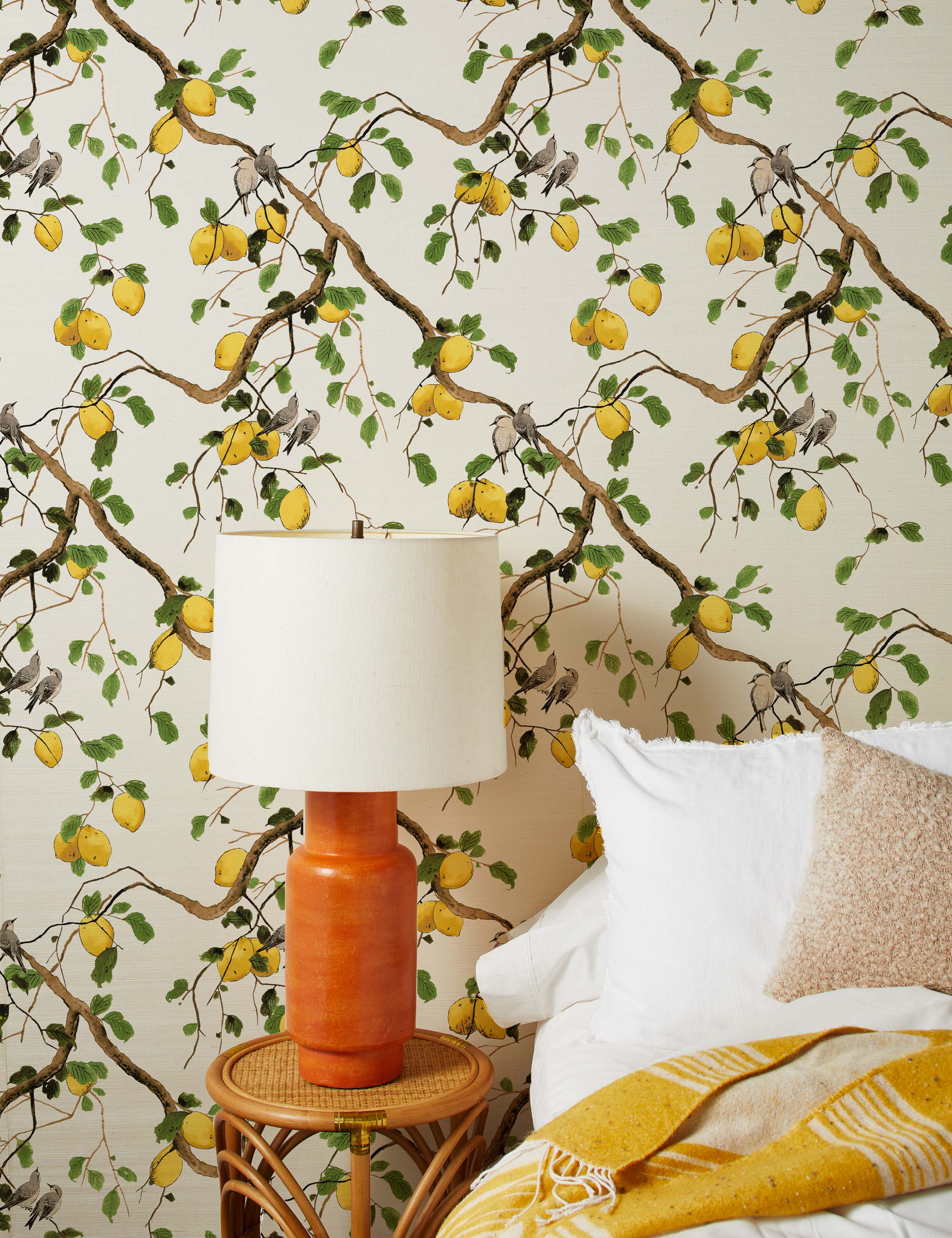 Lulu and Georgia - Lemon Birds Grasscloth Wallpaper by Nathan Turner