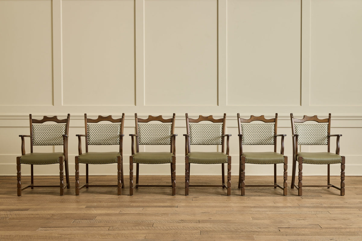 Nicky Kehoe - VTG SET OF 6 DARK OAK & LEATHER CHAIRS
