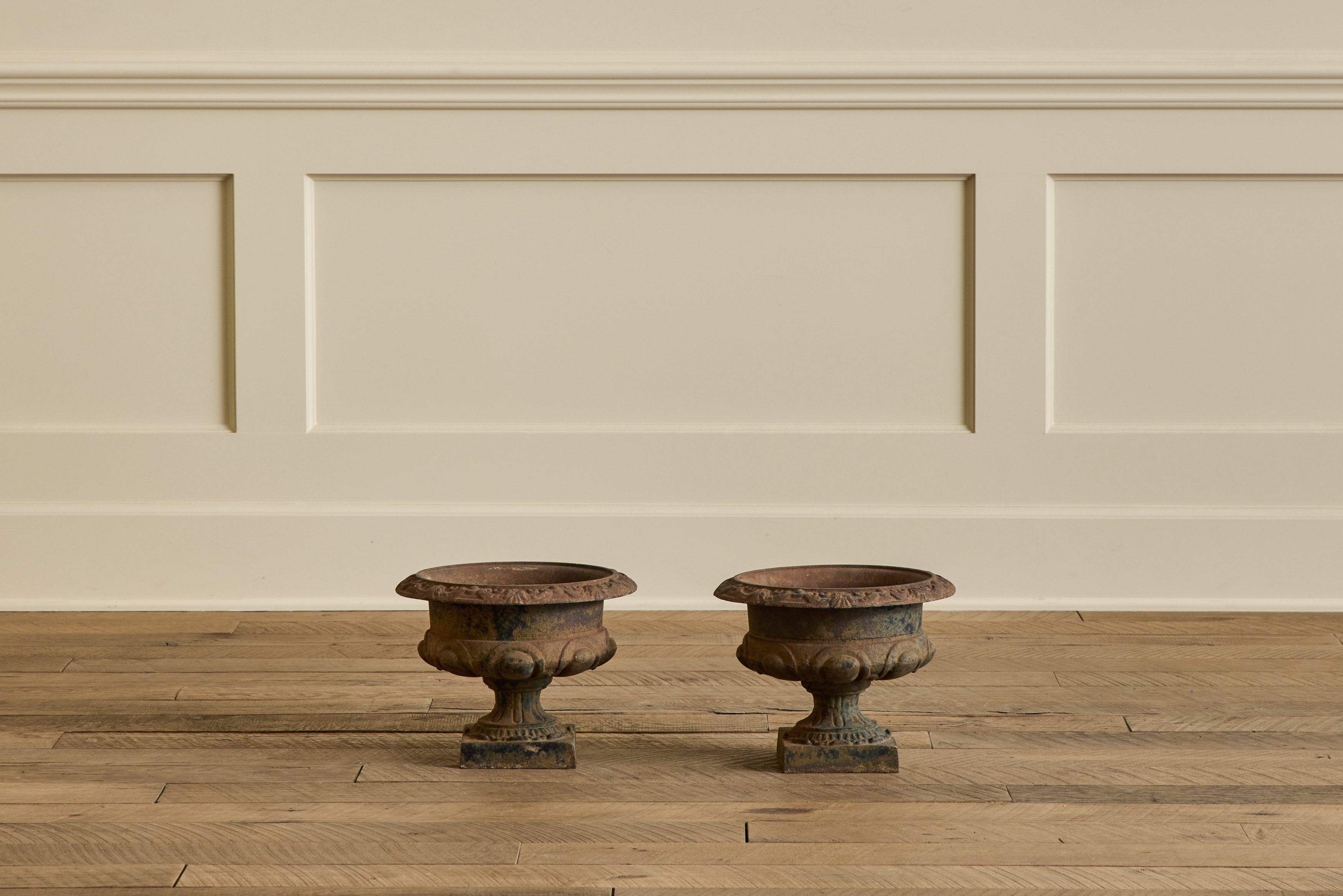 Nicky Kehoe - Pair of Brown Iron Garden Urns