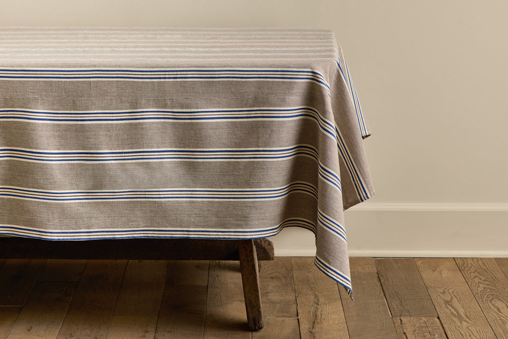 Nicky Kehoe - Tablecloth in Chocolate with Blue Stripe