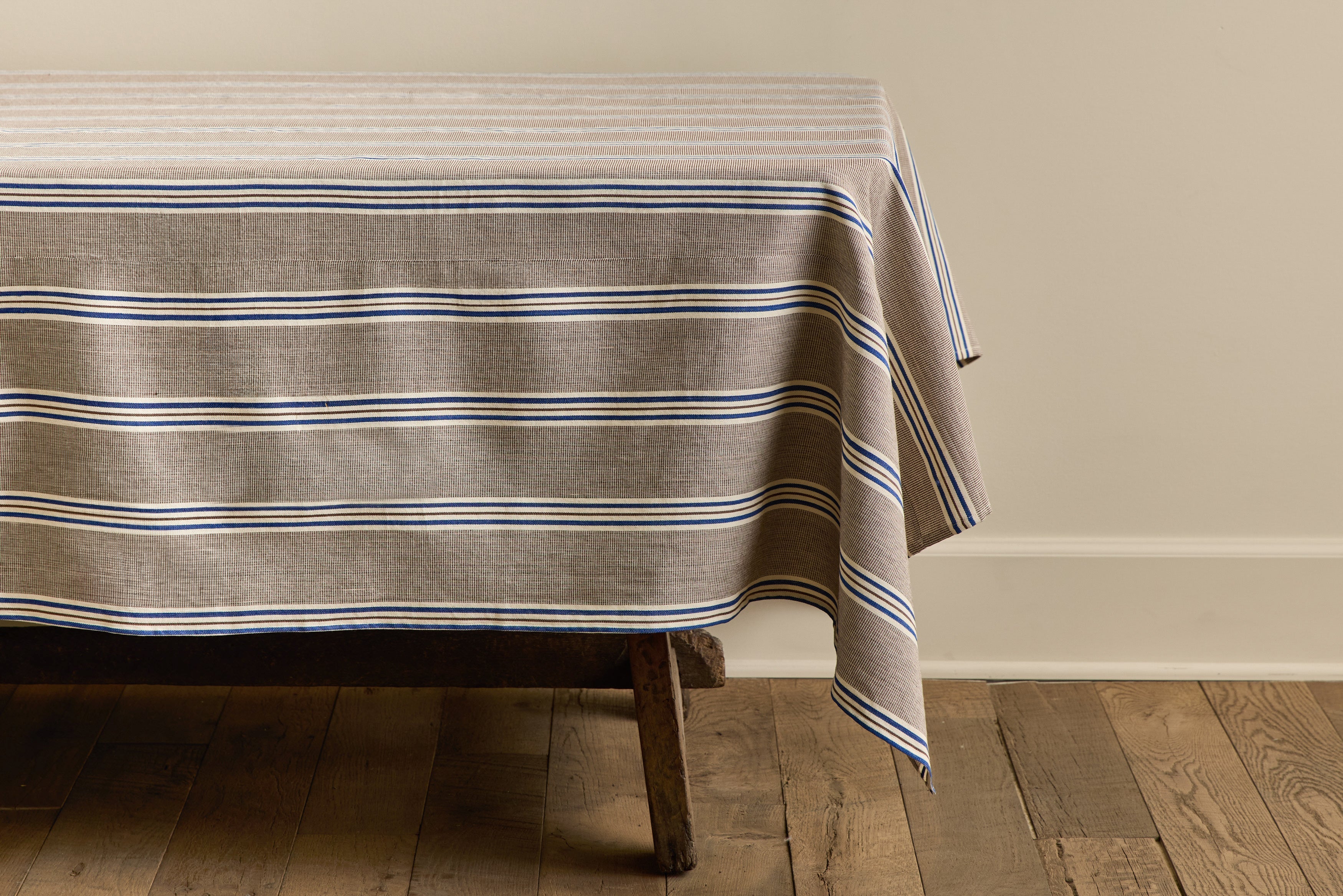 Nicky Kehoe - Tablecloth in Chocolate with Blue Stripe