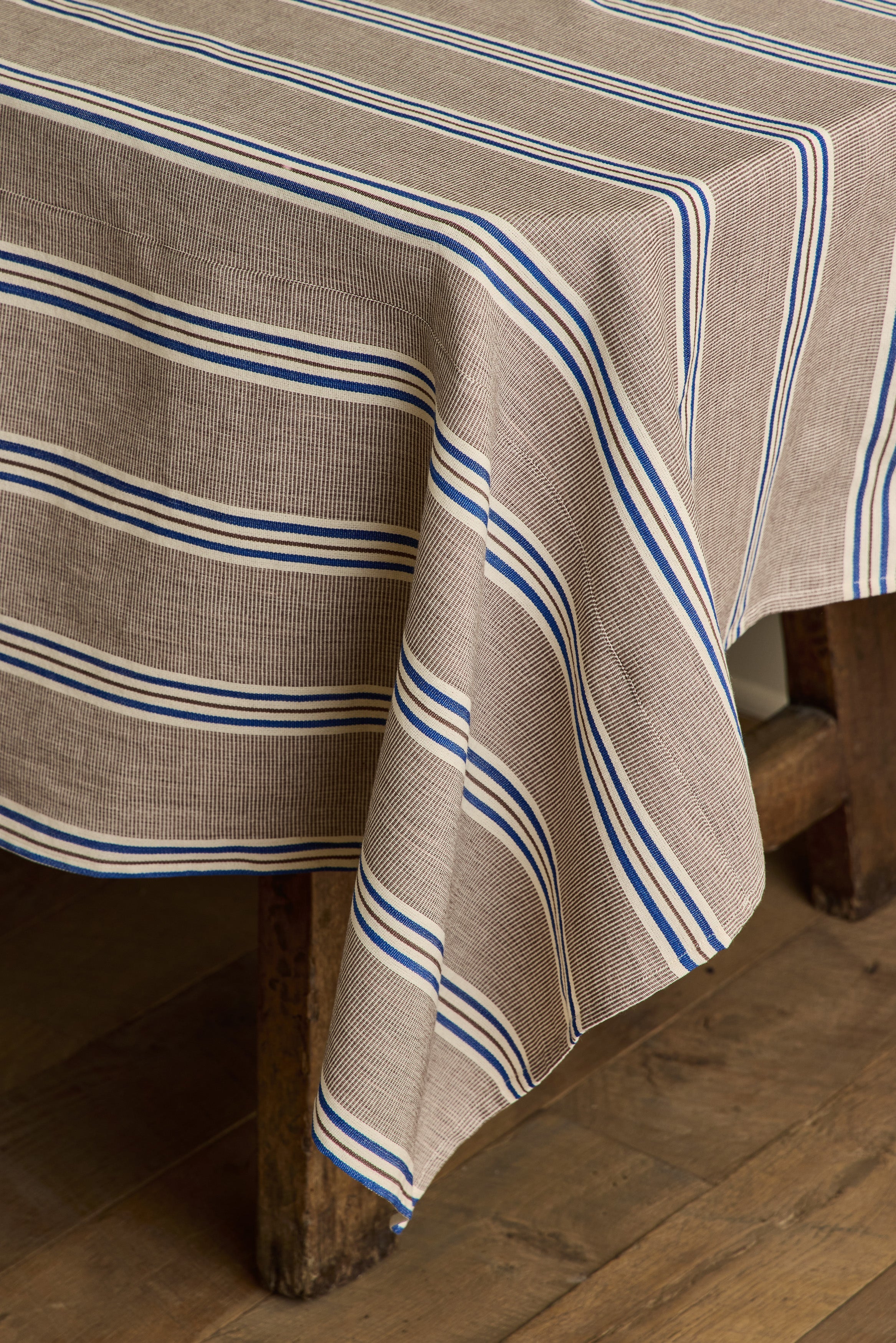 Nicky Kehoe - Tablecloth in Chocolate with Blue Stripe