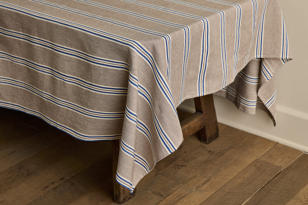 Nicky Kehoe - Tablecloth in Chocolate with Blue Stripe