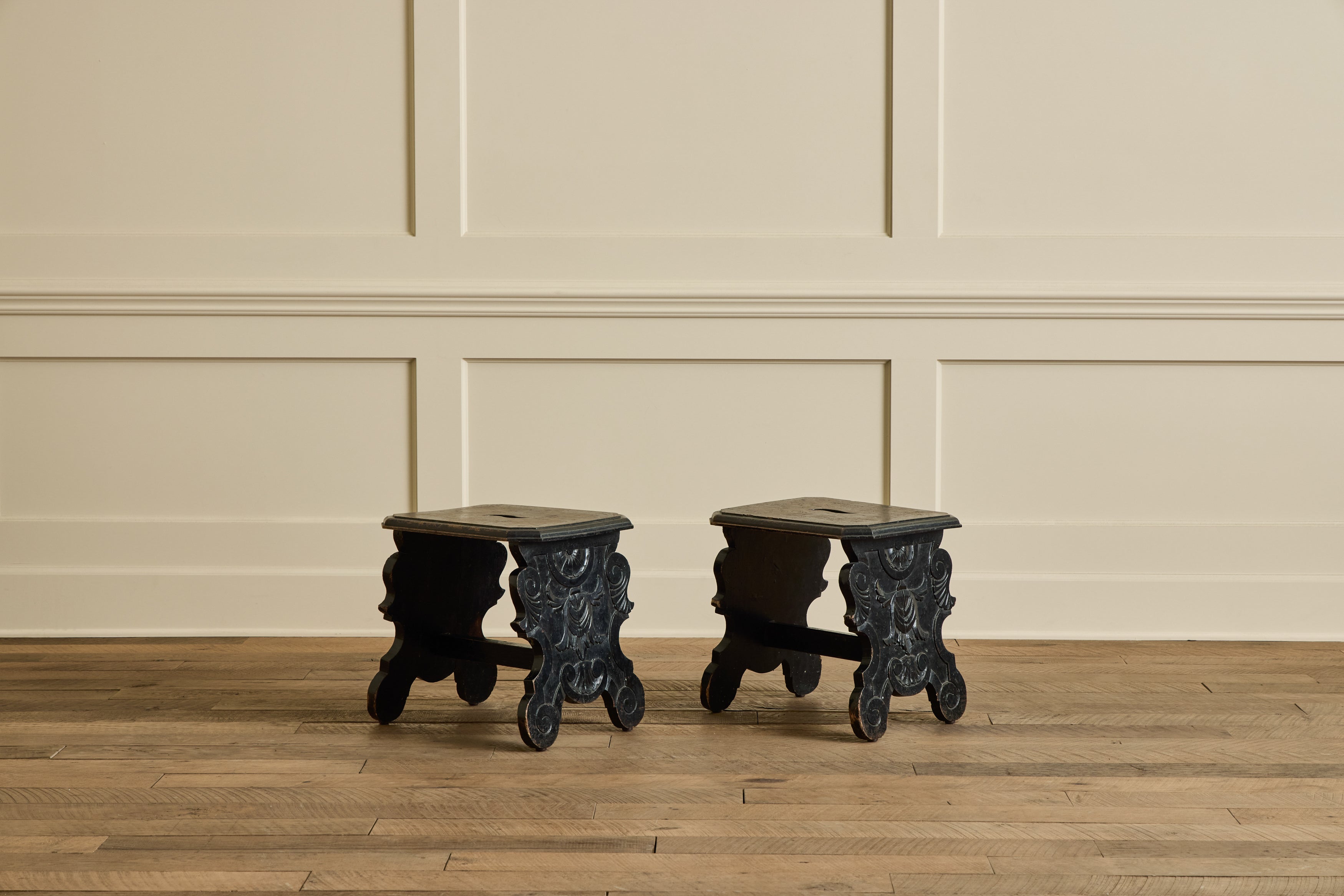 Nicky Kehoe - VTG PAIR OF RENAISSANCE STYLE WOOD STOOLS