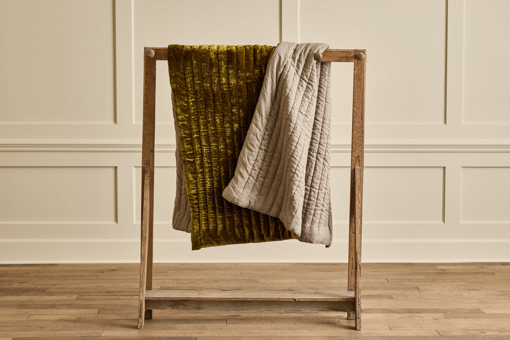 Nicky Kehoe - Golden Velvet and Grey Linen Throw