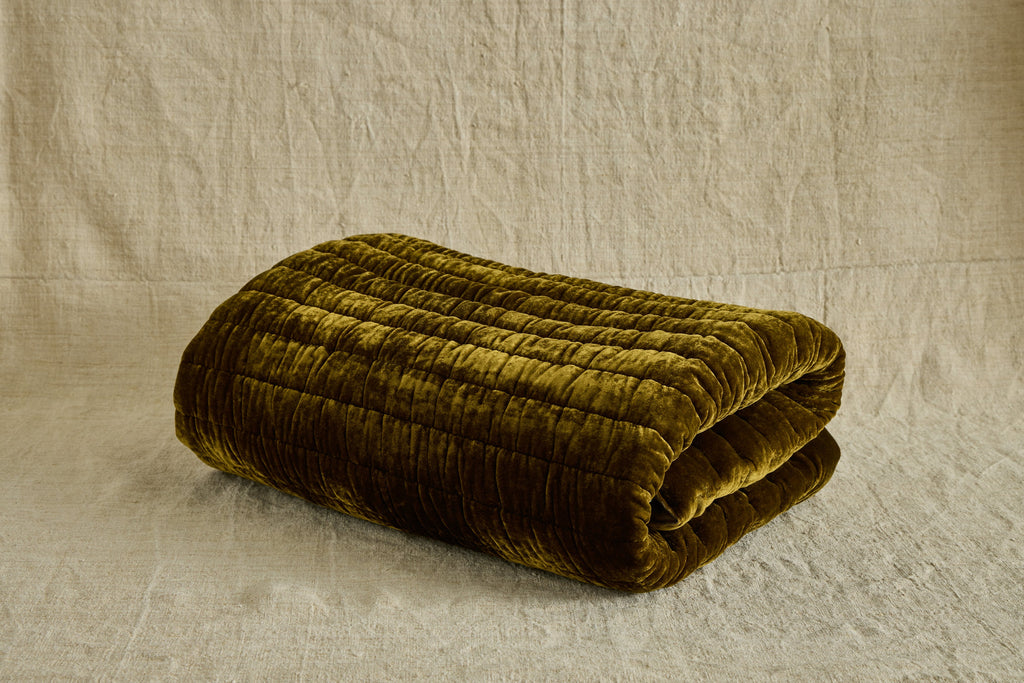 Nicky Kehoe - Golden Velvet and Grey Linen Throw