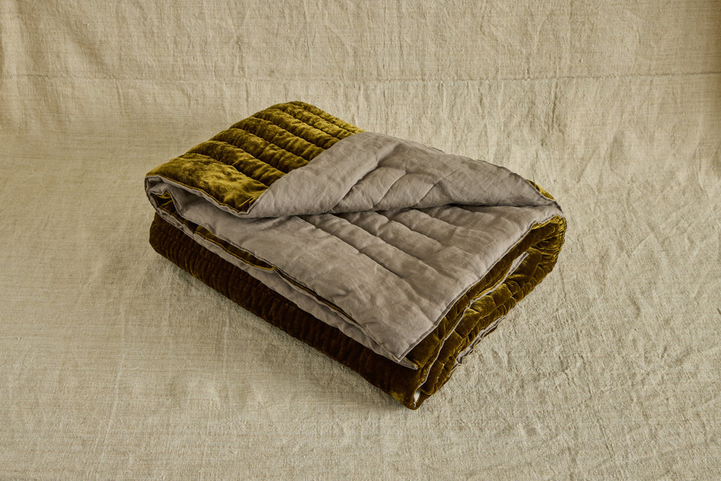 Nicky Kehoe - Golden Velvet and Grey Linen Throw