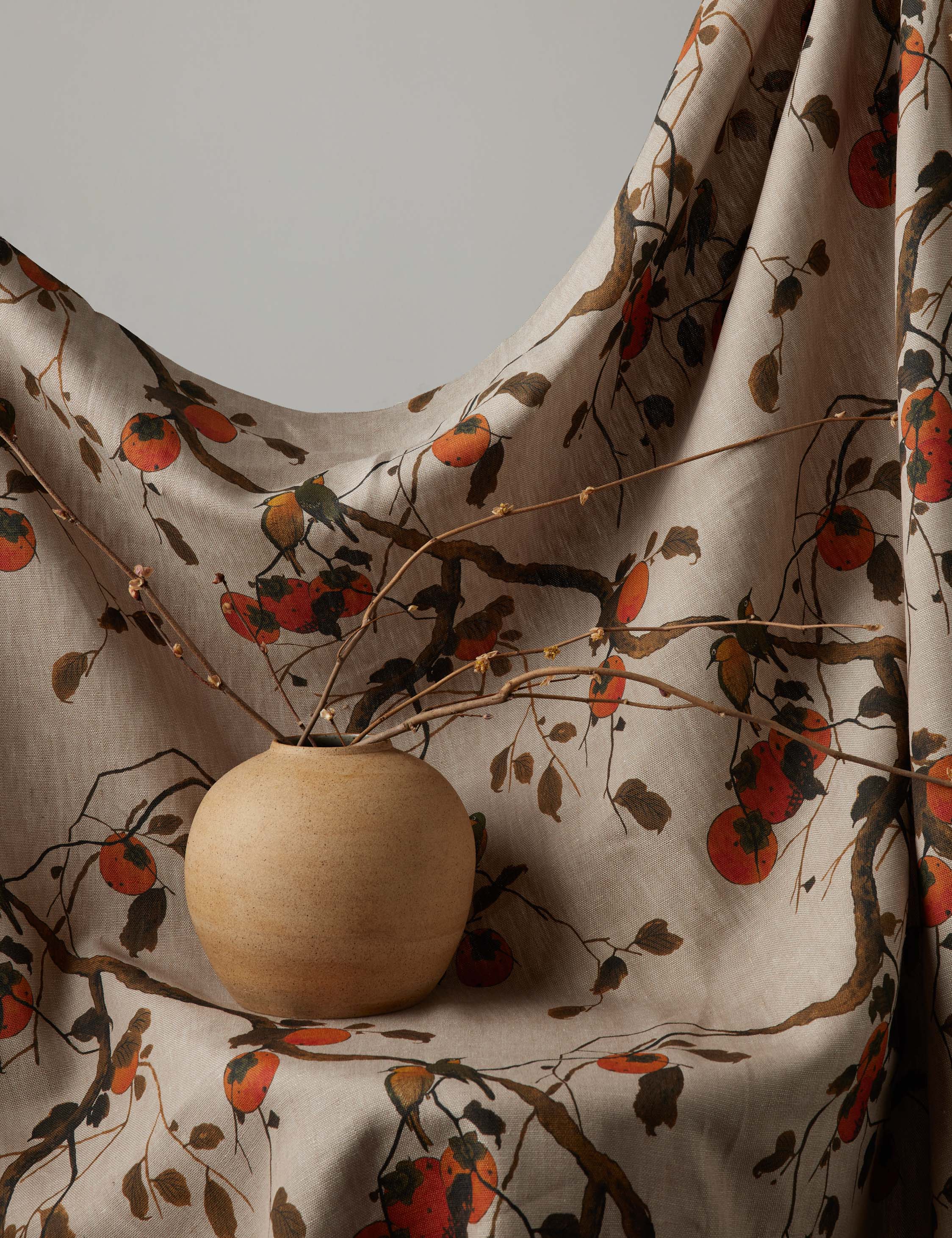 Lulu and Georgia - Persimmon Birds Flax Linen Fabric by Nathan Turner