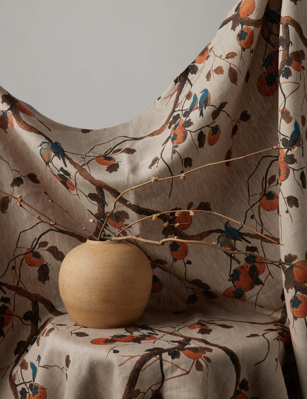 Lulu and Georgia - Persimmon Birds Flax Linen Fabric by Nathan Turner