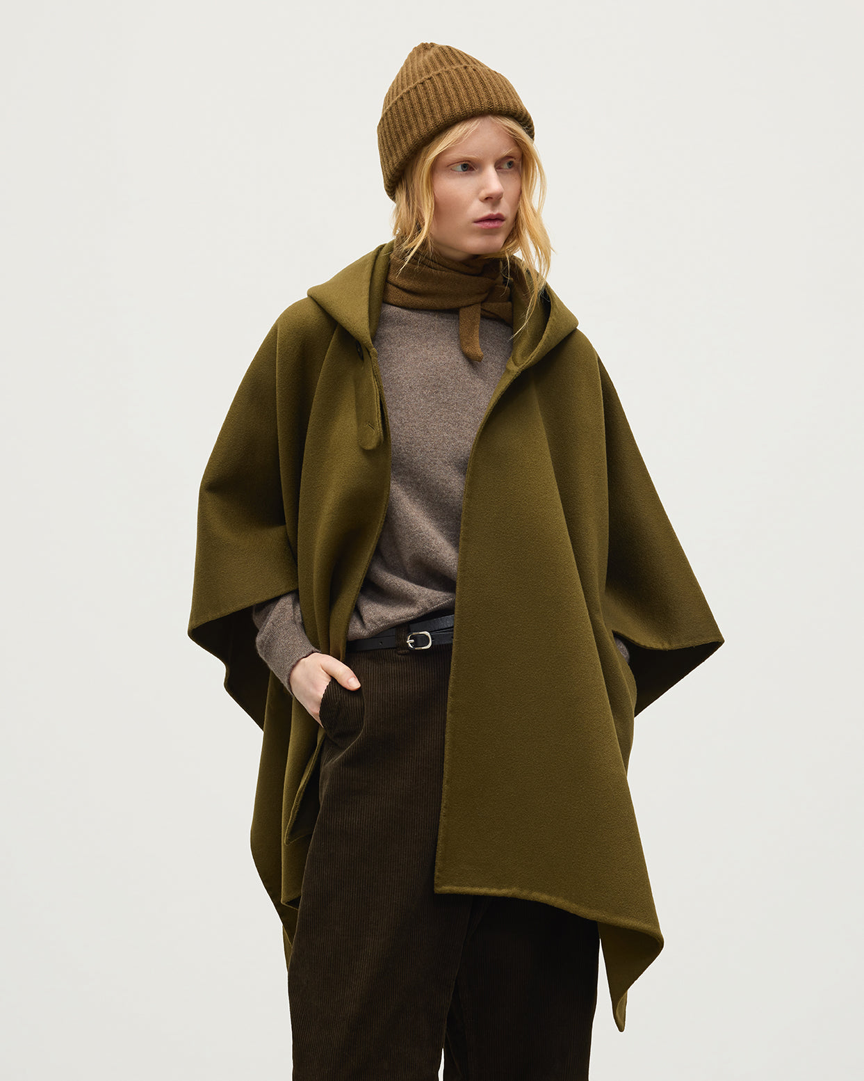 Johnstons of Elgin - Hoolie Olive Green Hooded Cashmere Cape