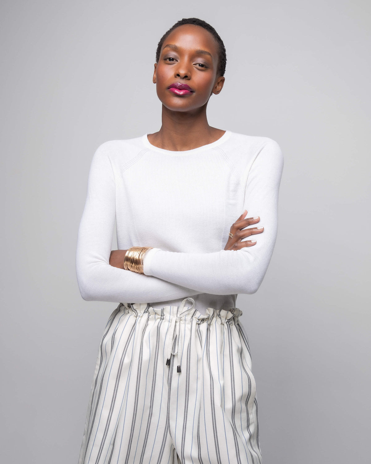 Johnstons of Elgin - Gathered Waist Cropped Stripe Trousers