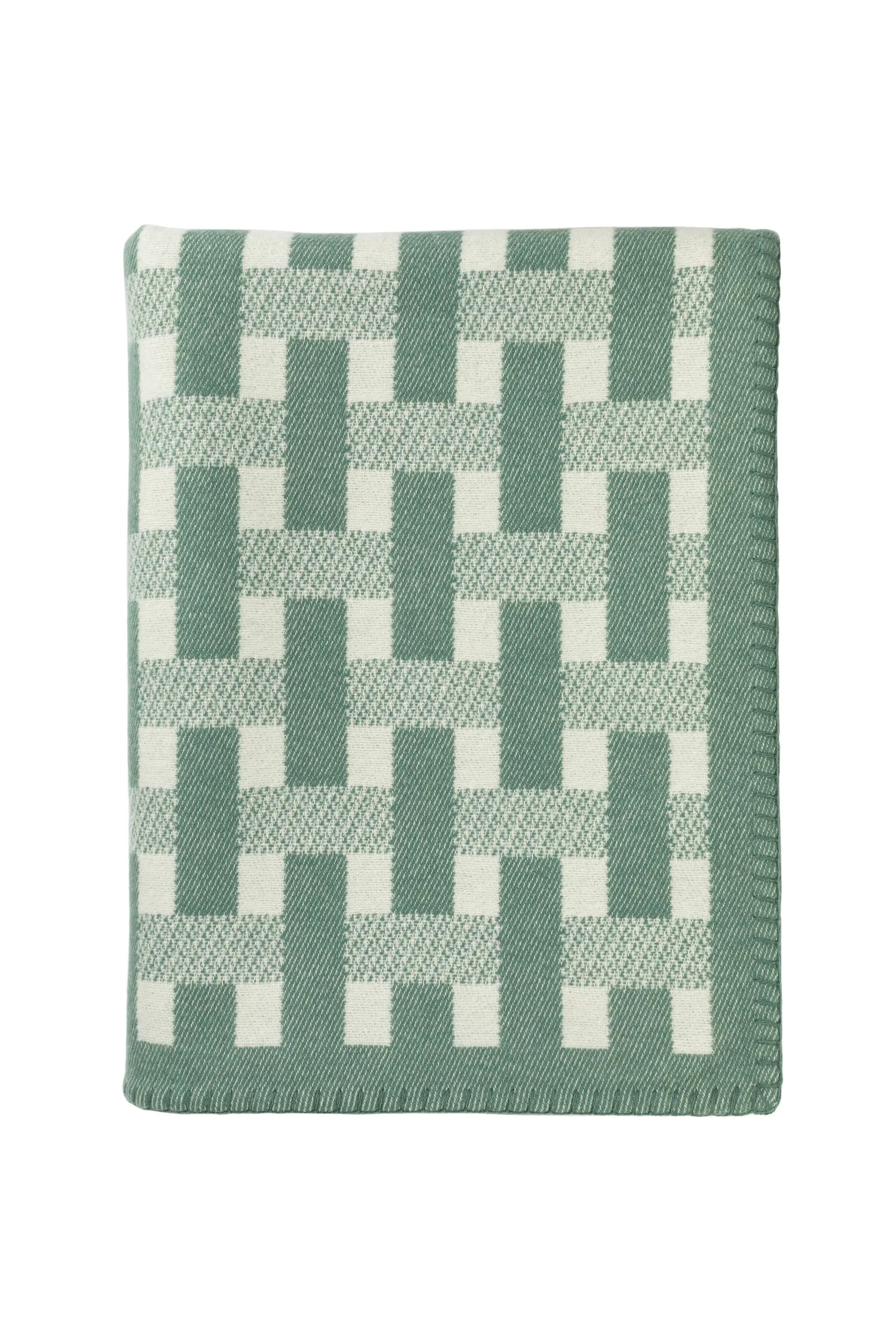 Johnstons of Elgin - Blanket Stitched Basketweave Green Throw