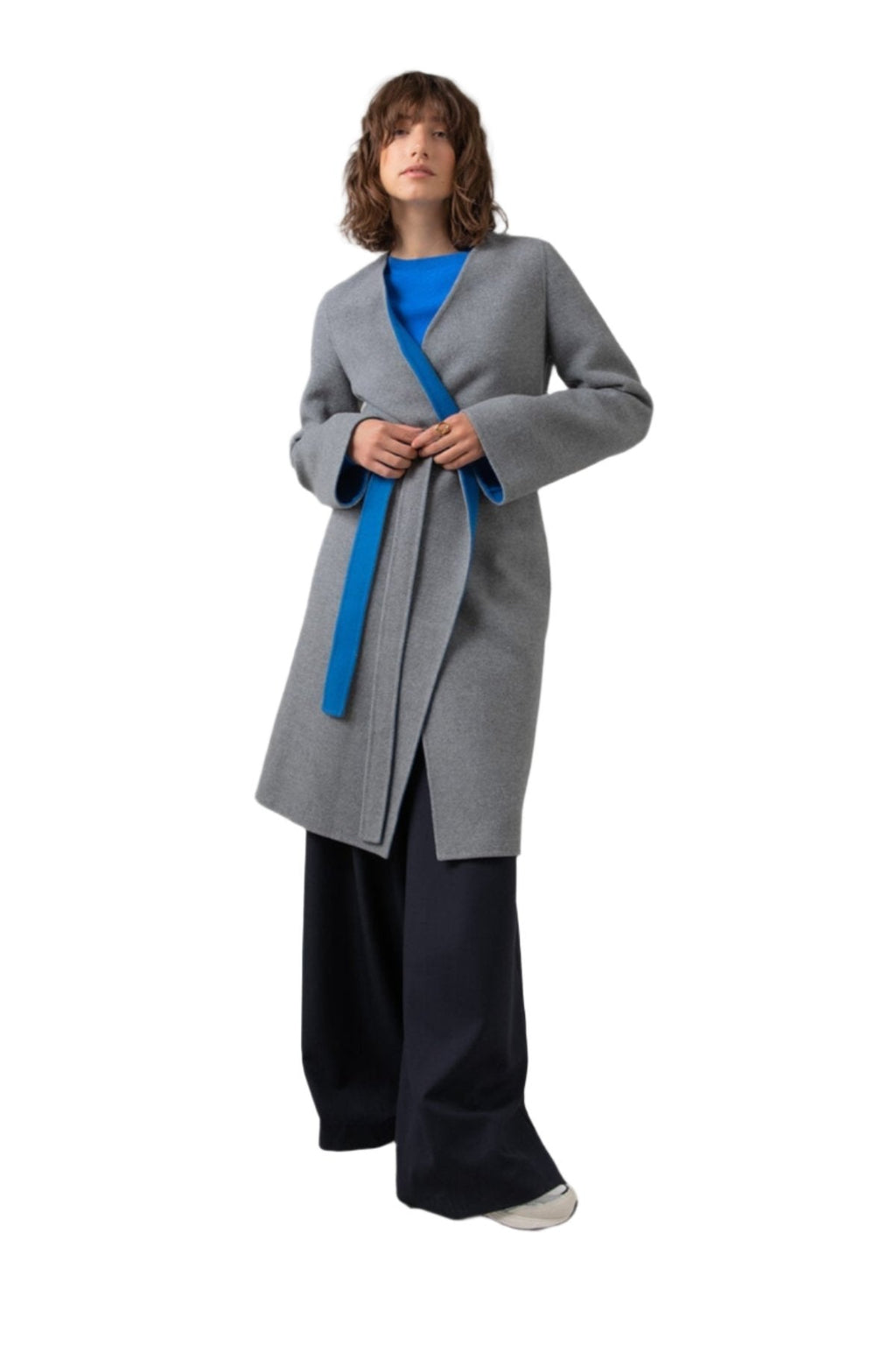 Johnstons of Elgin - Collarless Grey & Blue Cape Coat
