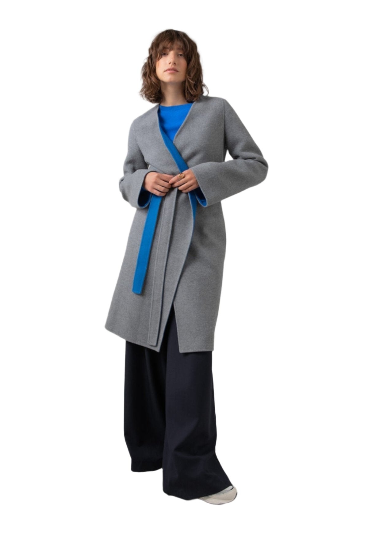 Johnstons of Elgin - Collarless Grey & Blue Cape Coat