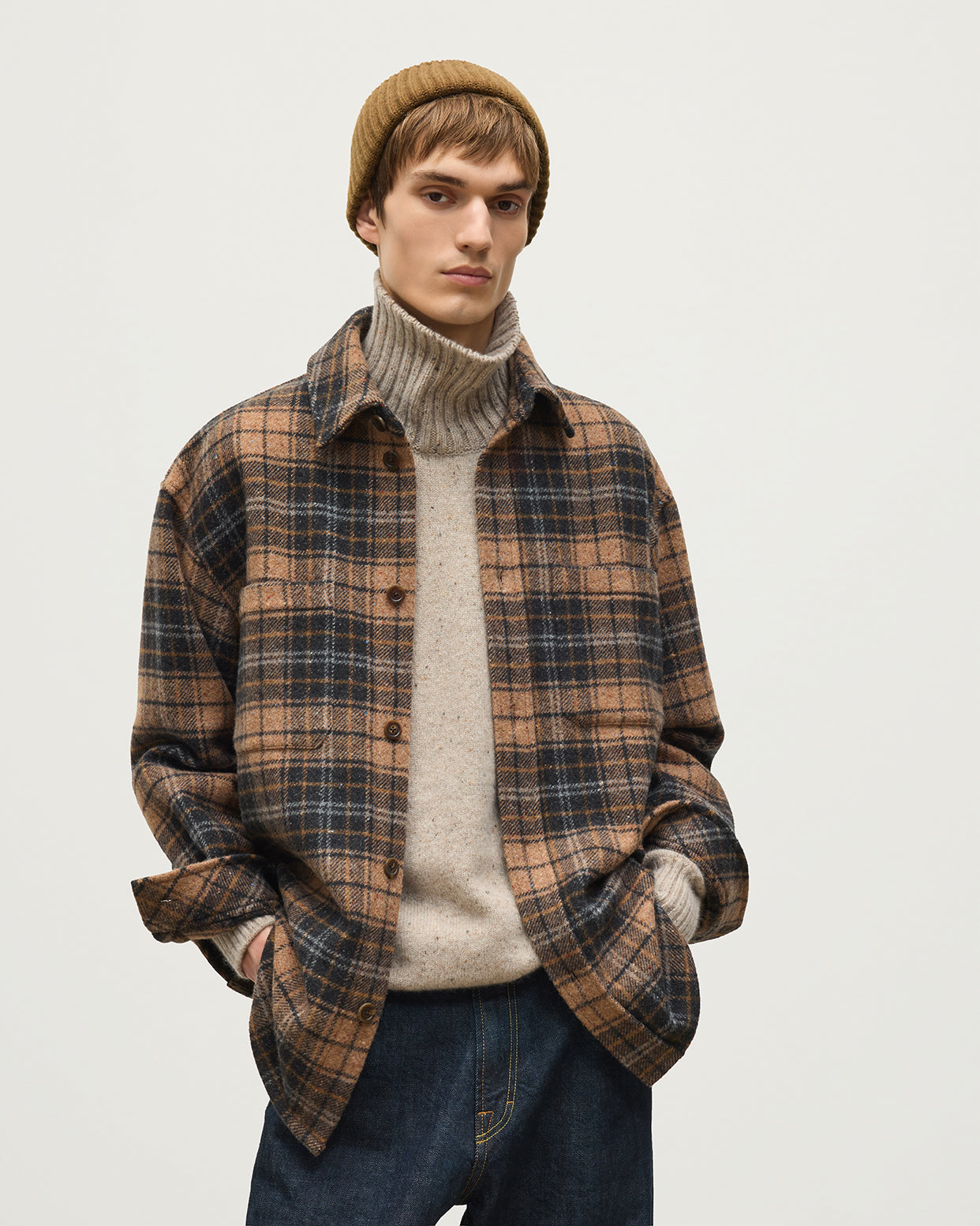 Johnstons of Elgin - Atholl Grey & Camel Plaid Overshirt