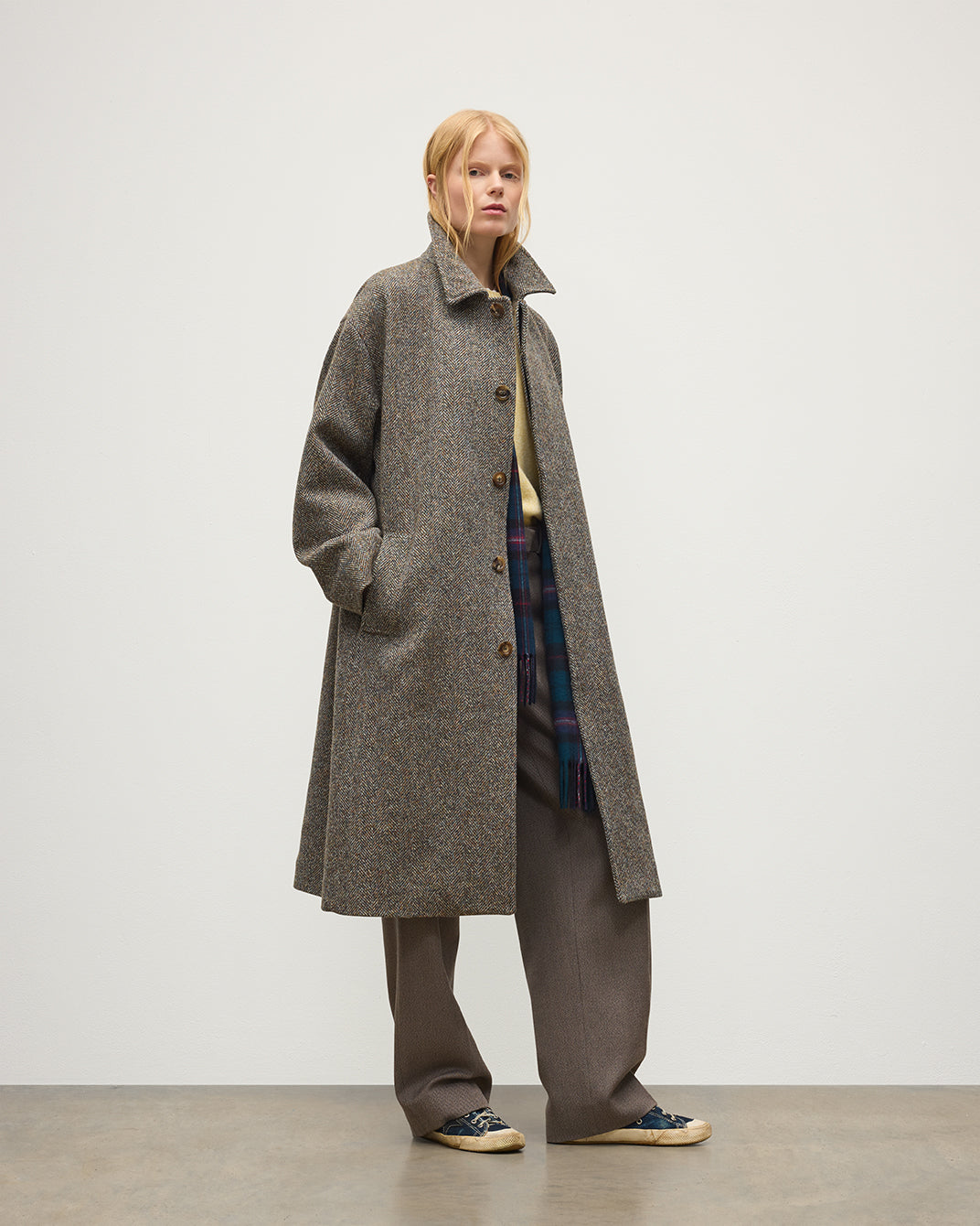 Johnstons of Elgin - Brodie Wool Car Coat | Rust & Petrol Herringbone