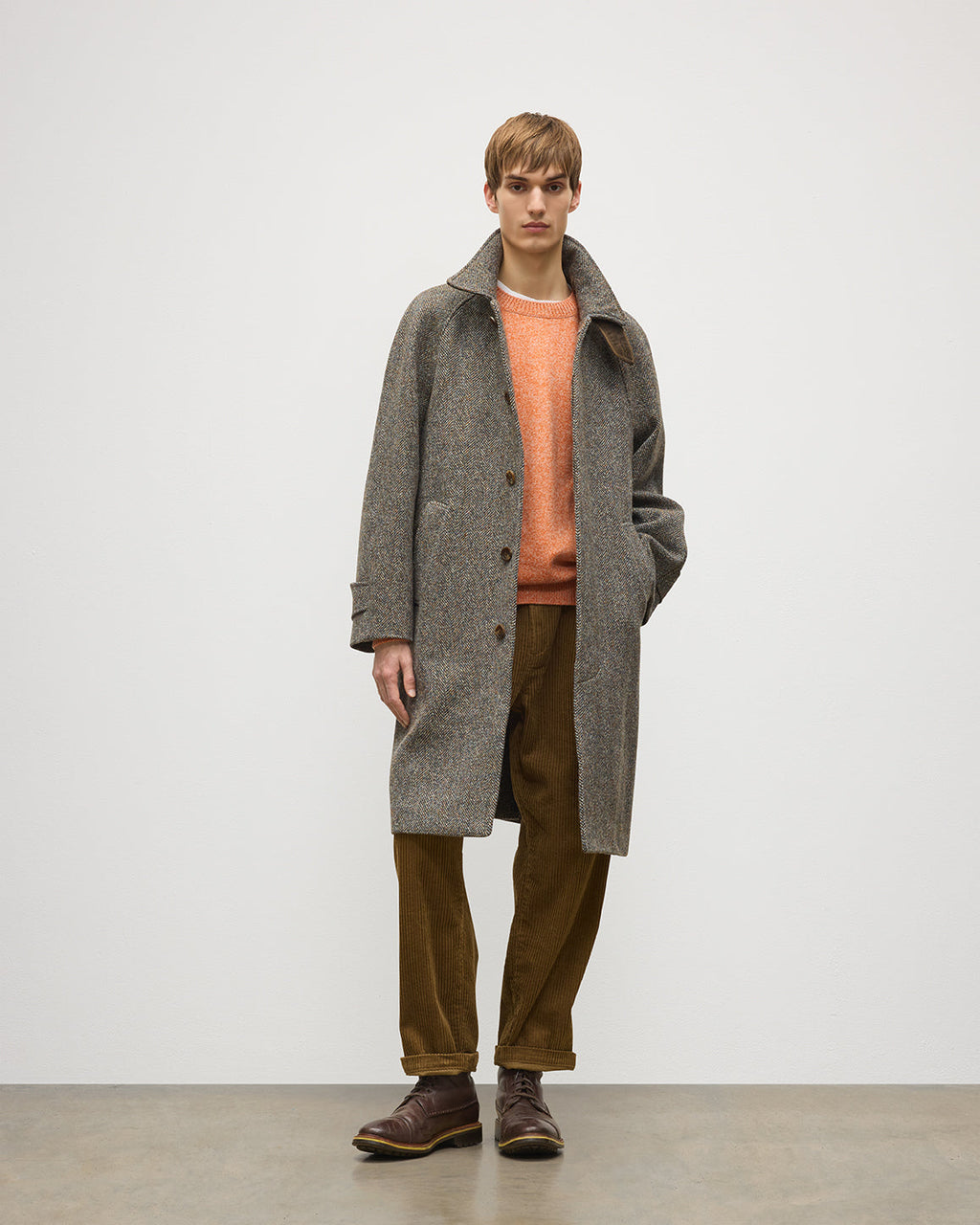 Johnstons of Elgin - Balmacaan Rust & Petrol Herringbone Coat
