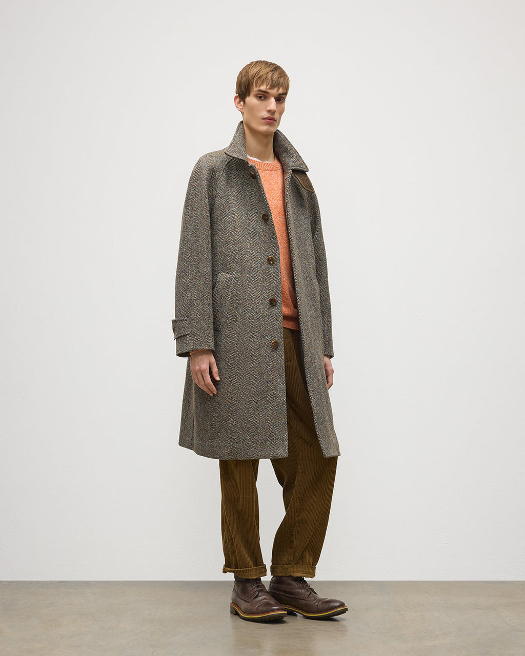Johnstons of Elgin - Balmacaan Rust & Petrol Herringbone Coat
