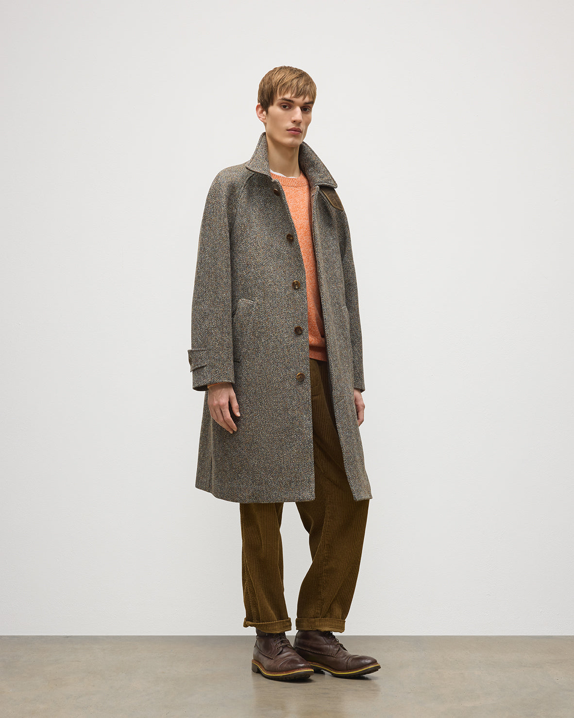Johnstons of Elgin - Balmacaan Rust & Petrol Herringbone Coat