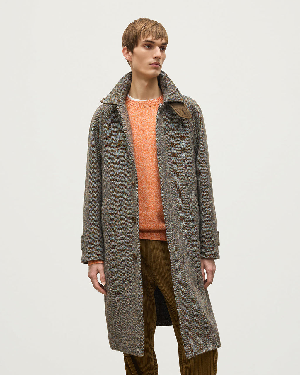 Johnstons of Elgin - Balmacaan Rust & Petrol Herringbone Coat
