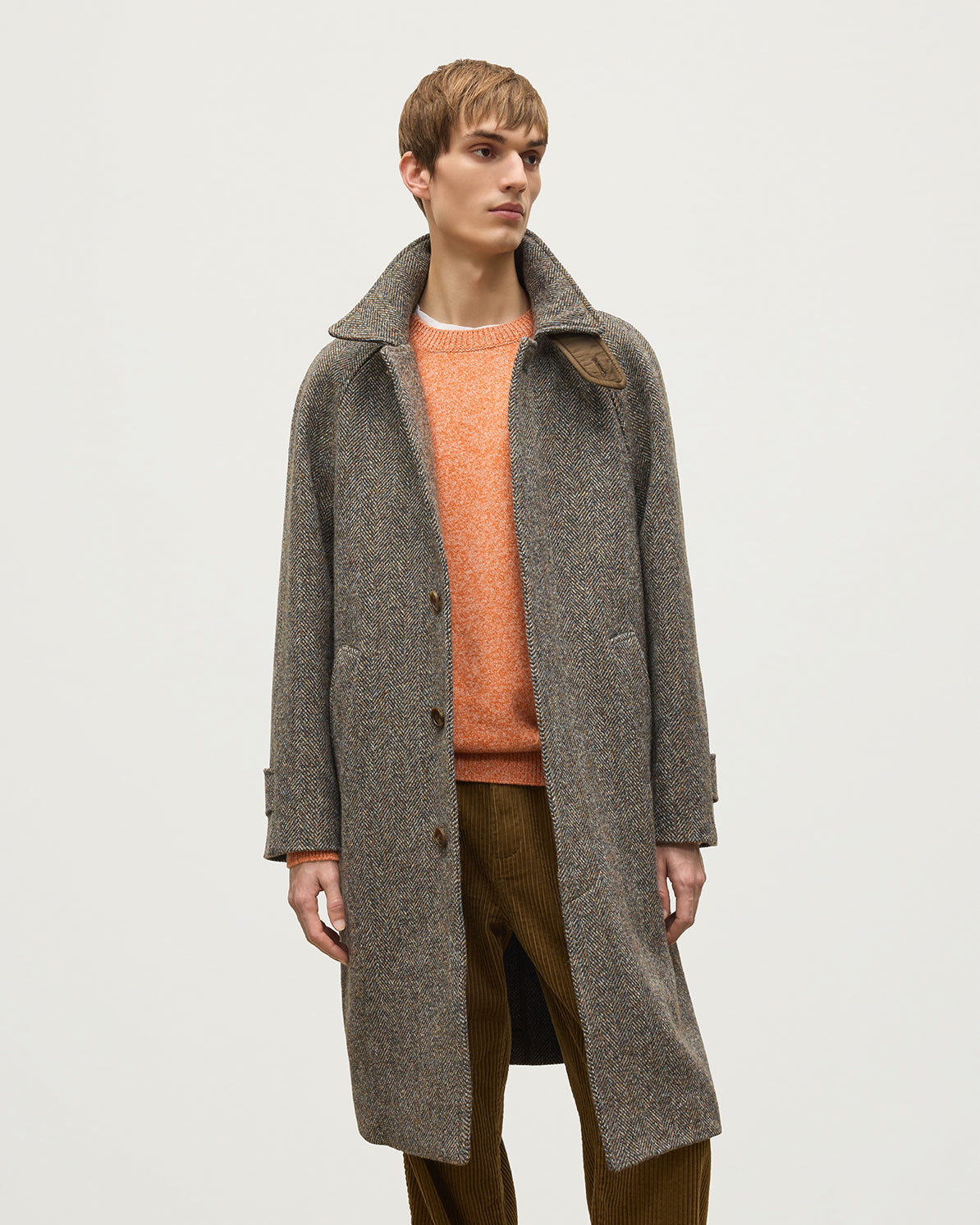 Johnstons of Elgin - Balmacaan Rust & Petrol Herringbone Coat