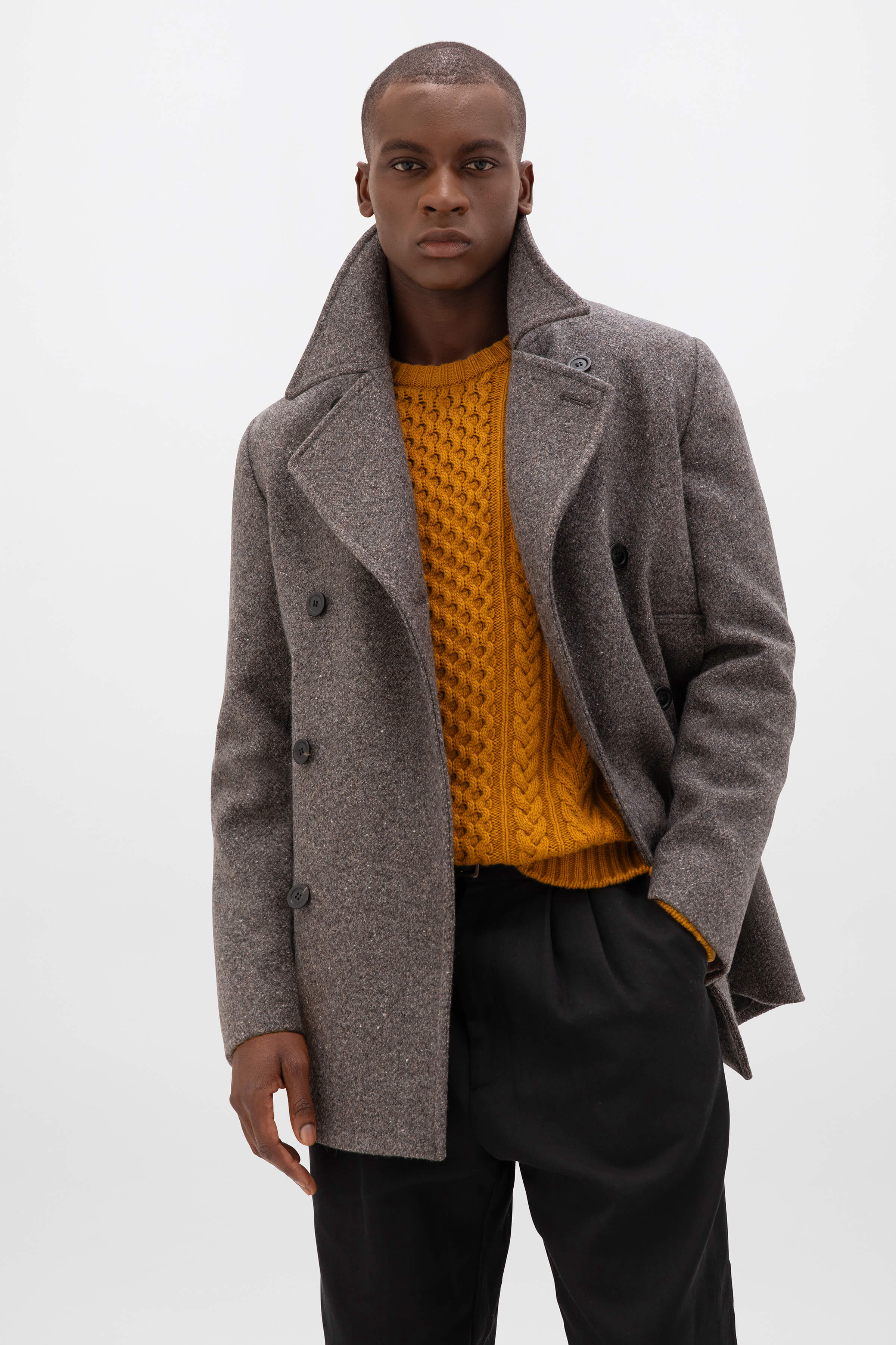 Johnstons of Elgin - Charcoal Herringbone Pea Coat