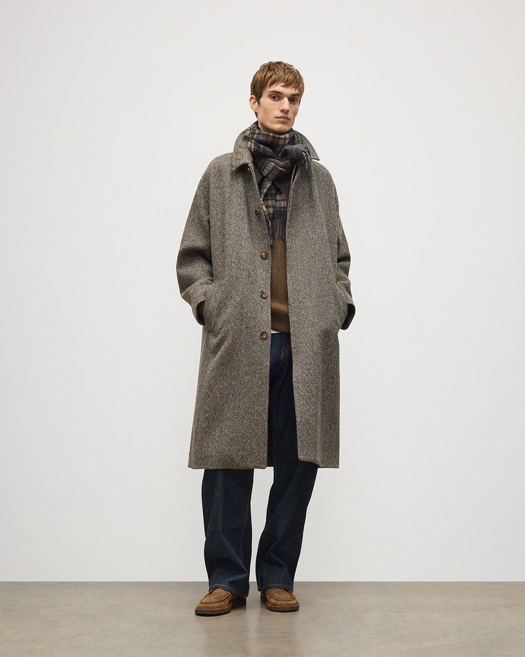 Johnstons of Elgin - Brodie Wool Car Coat | Rust & Petrol Herringbone