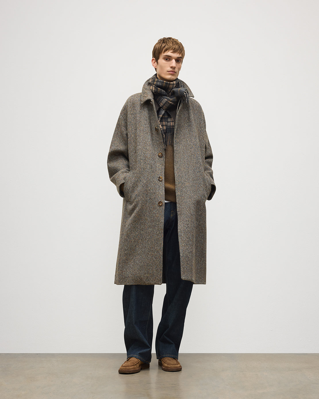 Johnstons of Elgin - Brodie Wool Car Coat | Rust & Petrol Herringbone