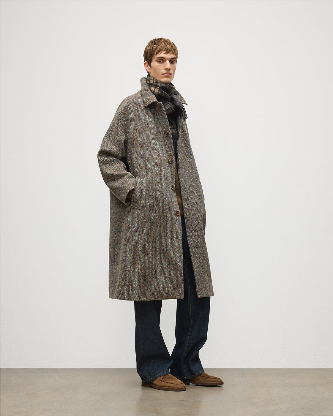 Johnstons of Elgin - Brodie Wool Car Coat | Rust & Petrol Herringbone
