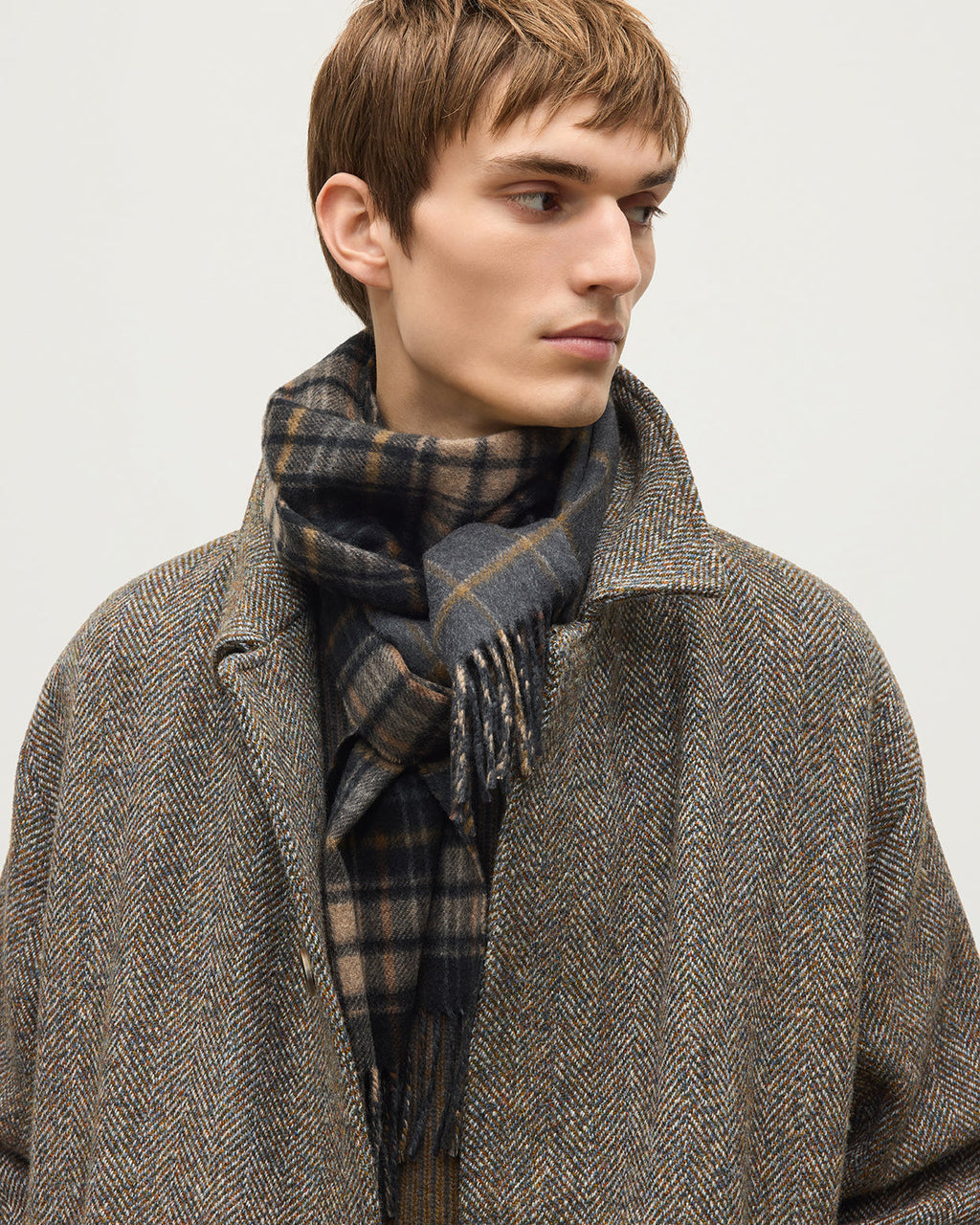 Johnstons of Elgin - Brodie Wool Car Coat | Rust & Petrol Herringbone