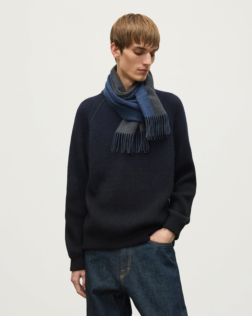 Johnstons of Elgin - Contrast Charcoal & Blue Cashmere Scarf